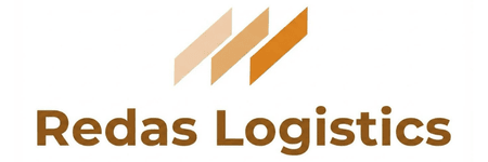 Logo von Redas Logistics mit braunen dreieckigen Formen über dem Firmennamen.