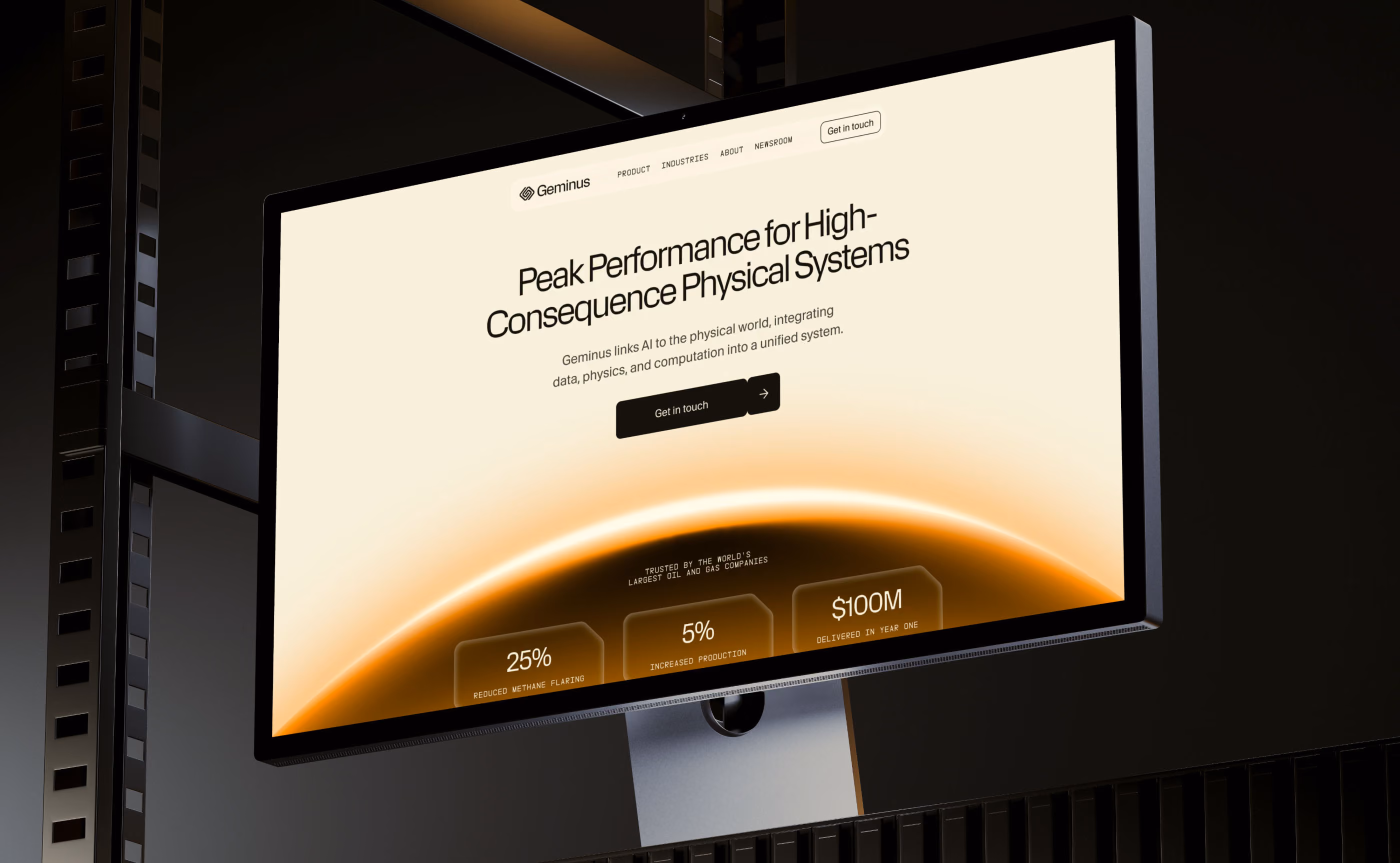 Monitor showing the Geminus homepage: Peak Performance for High-Consequence Physical Systems