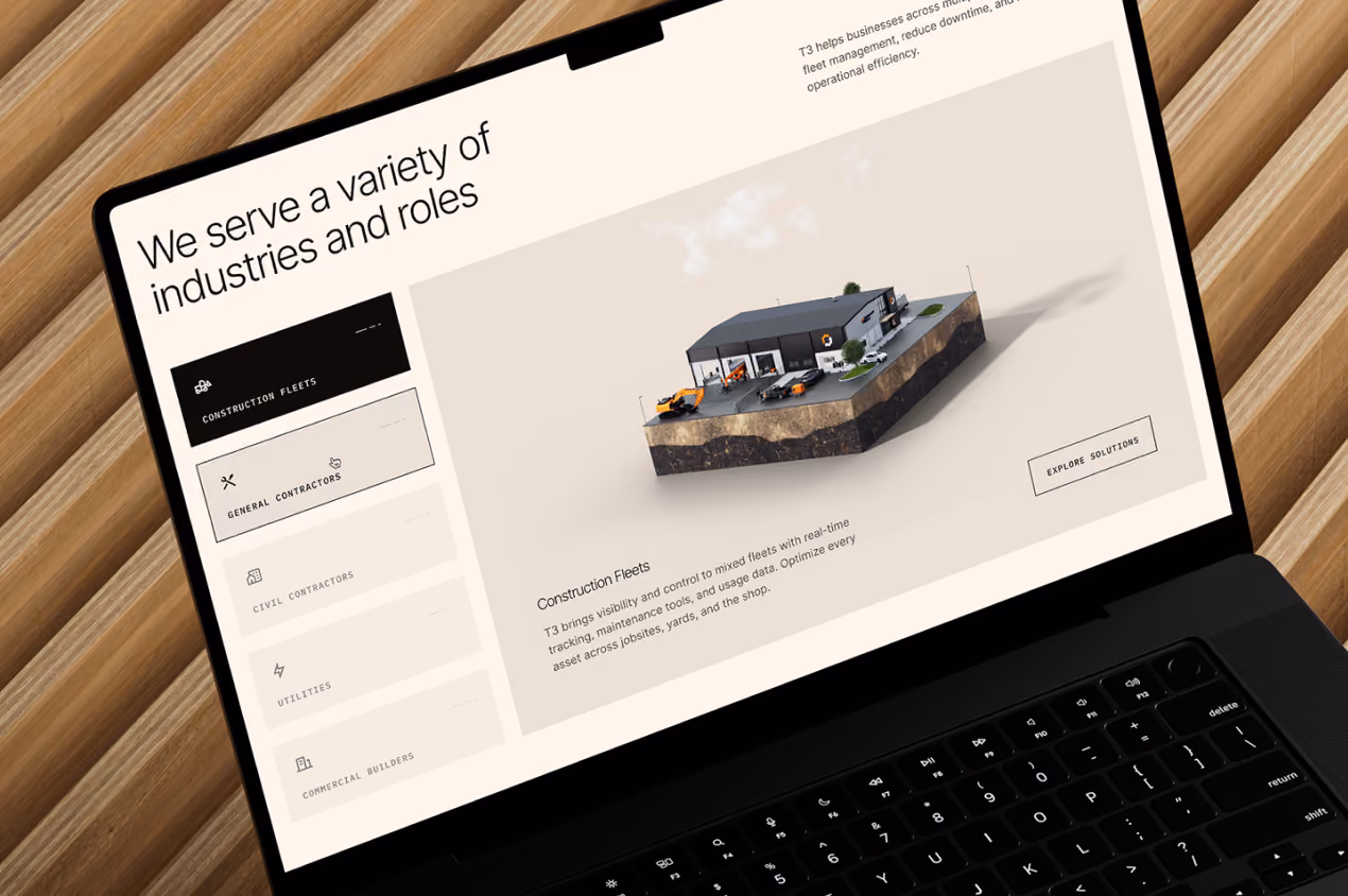 Laptop showing a T3 page titled 'We serve a variety of industries and roles' with an isometric construction site model.