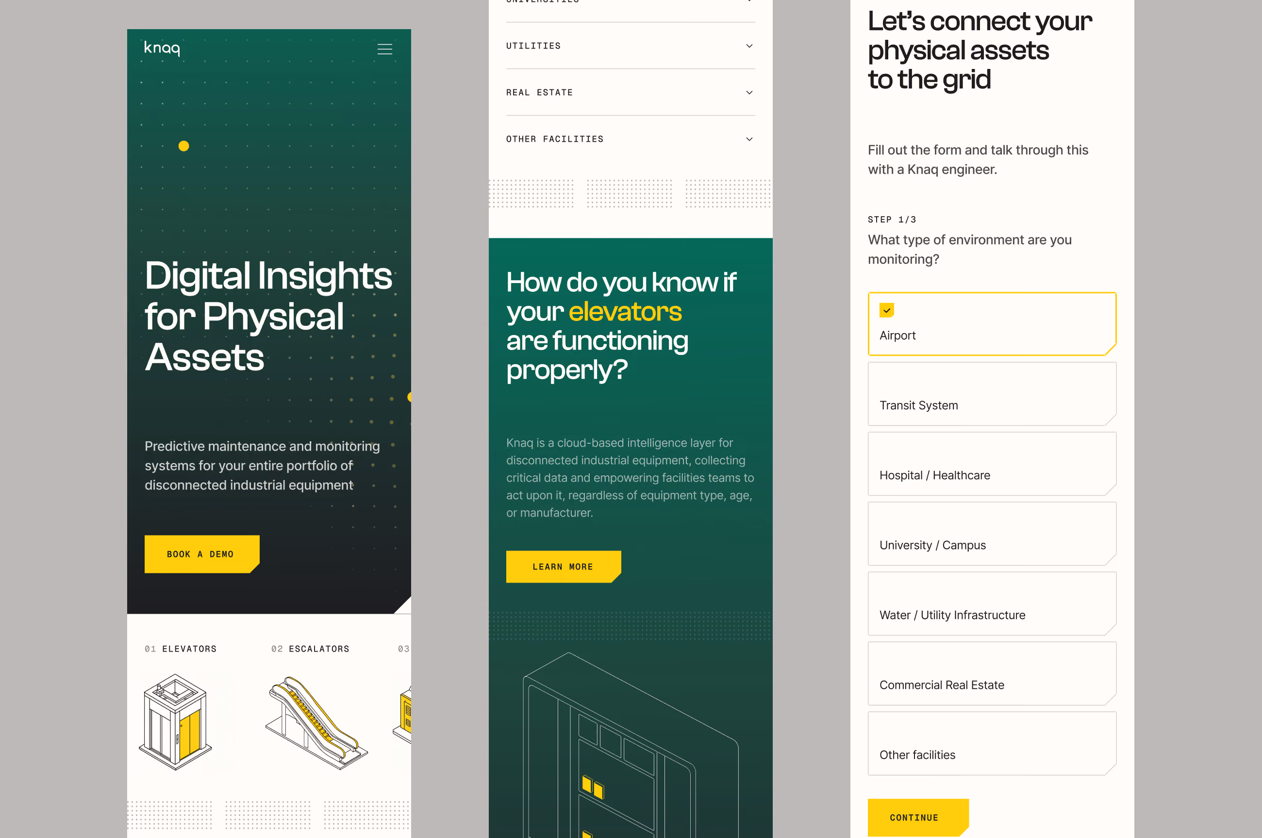 Three Knaq mobile screens in green and yellow covering digital insights and monitoring for physical assets.
