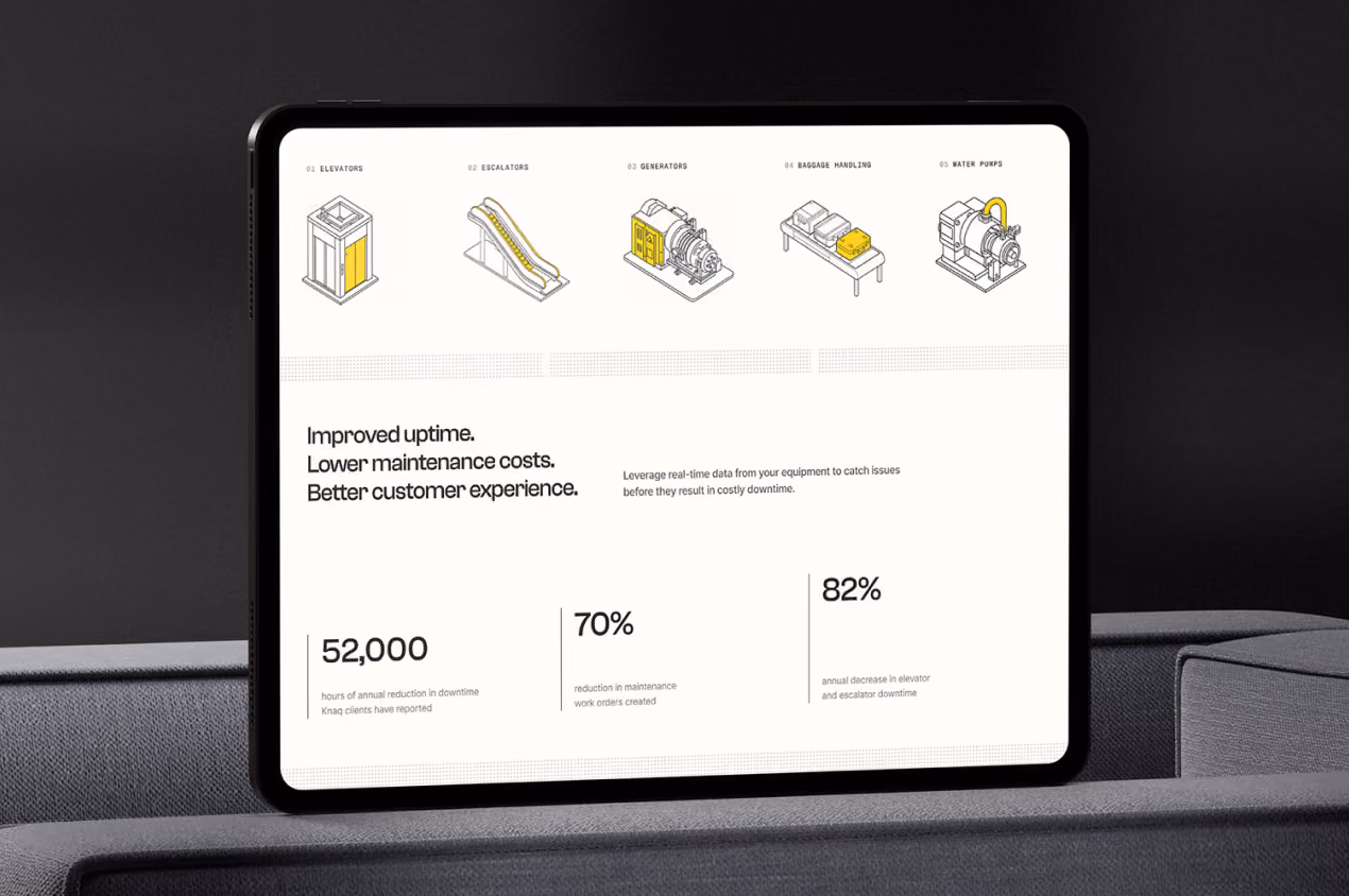 Tablet showing a webpage with isometric equipment illustrations and stats promising improved uptime and lower costs.