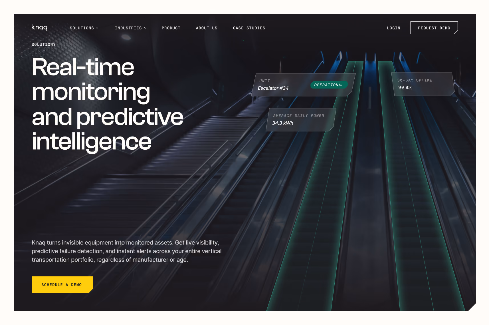 Knaq homepage hero 'Real-time monitoring and predictive intelligence' over escalators with live status tags.