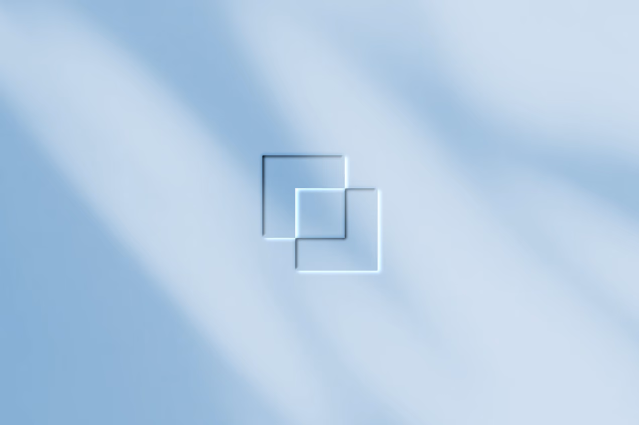 Two overlapping square outlines embossed on a soft light-blue background with subtle shadows.