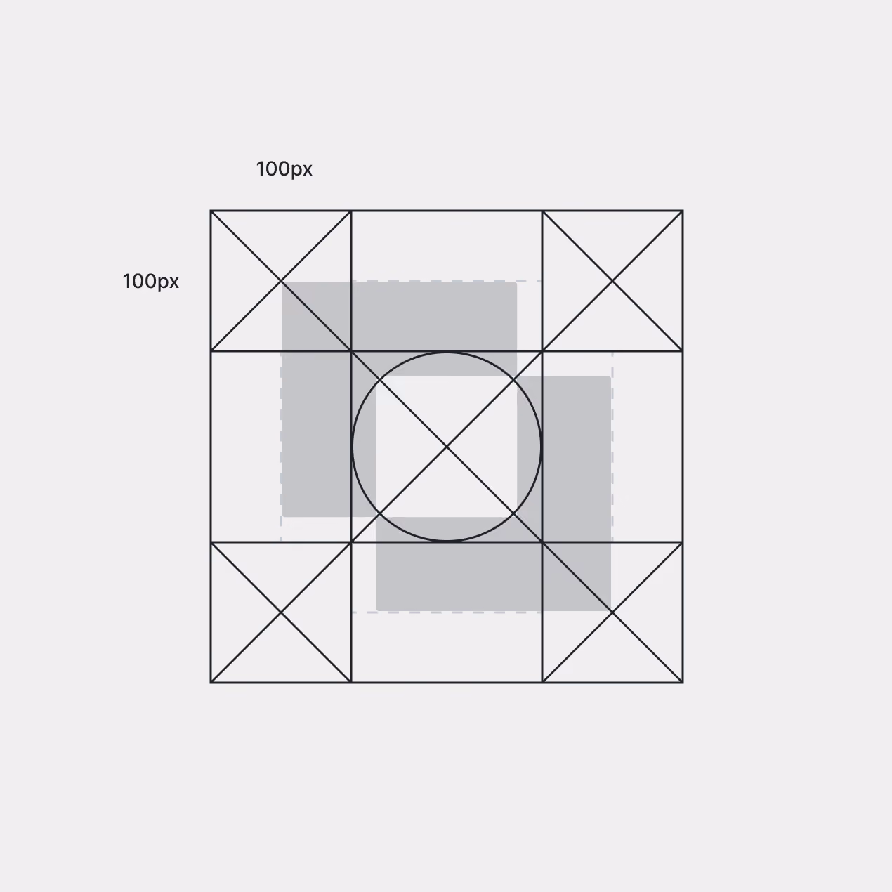 Logo construction grid diagram with a central circle, diagonal guides, and 100px margin measurements.