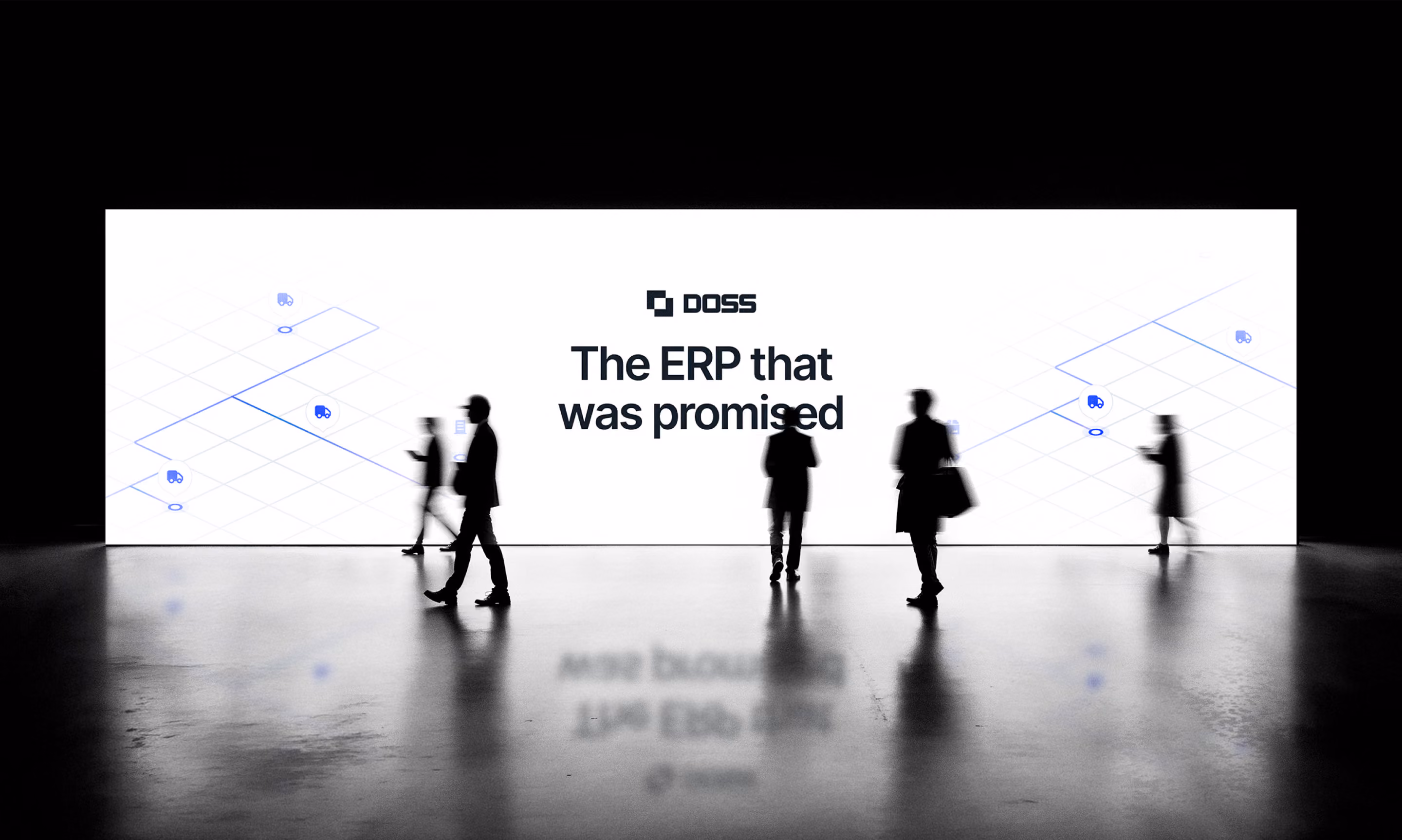Silhouetted people walking past a large glowing Doss screen reading 'The ERP that was promised.'