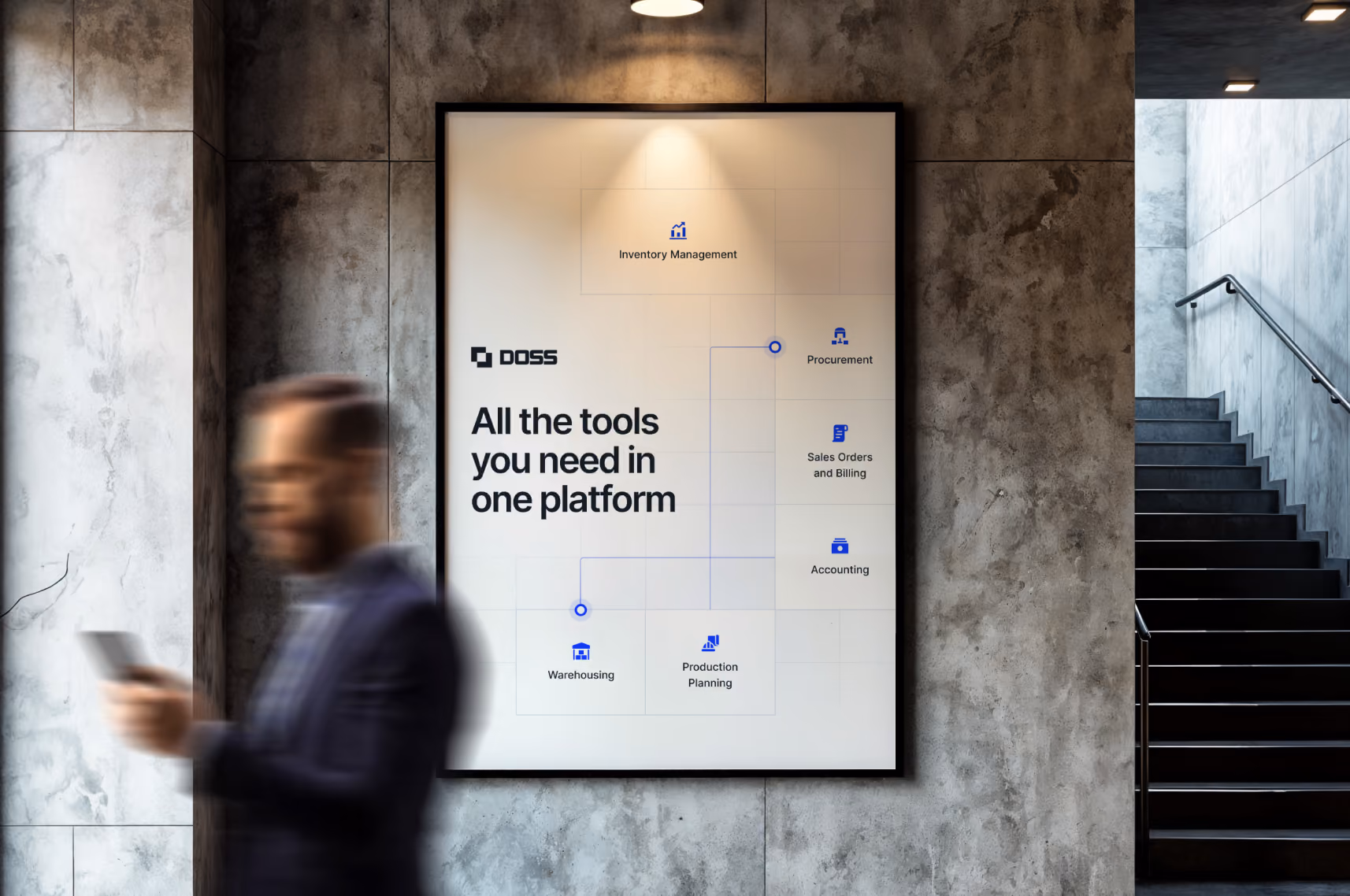 Framed Doss poster in a lobby reading 'All the tools you need in one platform,' mapping ERP modules as a man walks past.