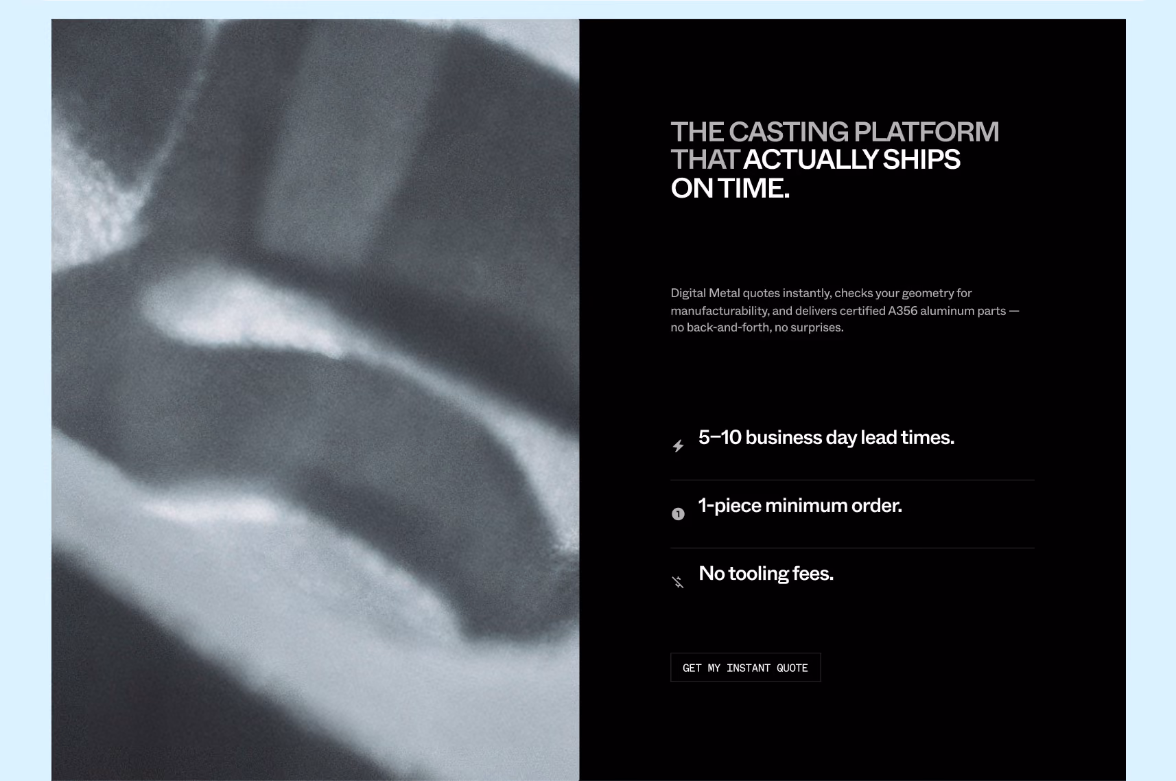 Digital Metal landing page: 'The casting platform that actually ships on time,' listing lead times and no tooling fees.