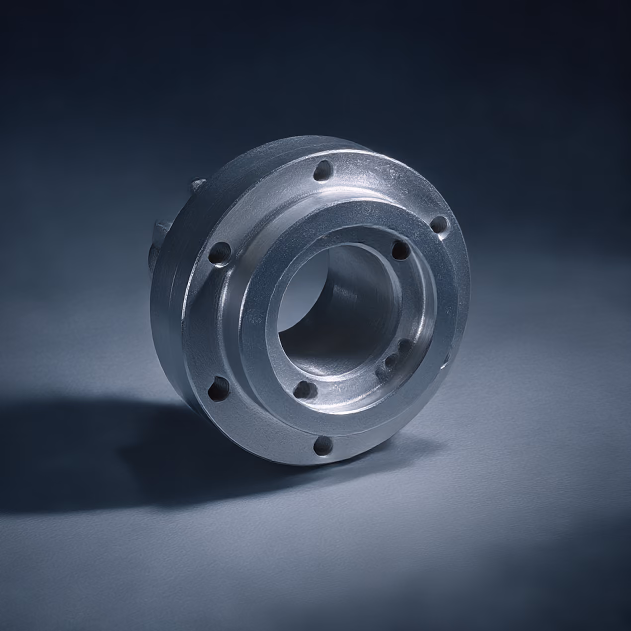 Machined cast-aluminum flange with bolt holes photographed on a dark blue backdrop.