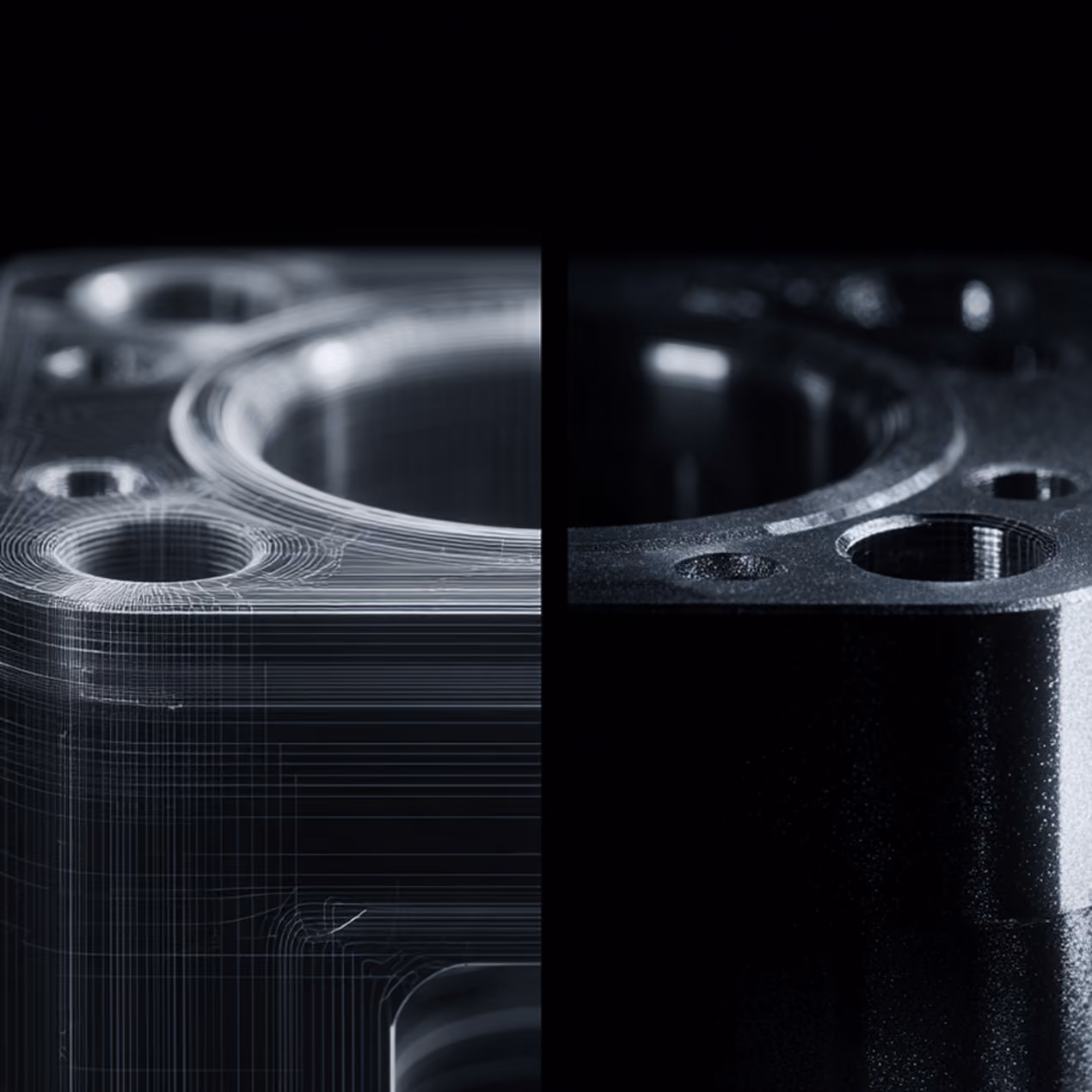 Split view of a precision-machined metal part, half rendered as fine wireframe contours and half photographed in dark lighting.