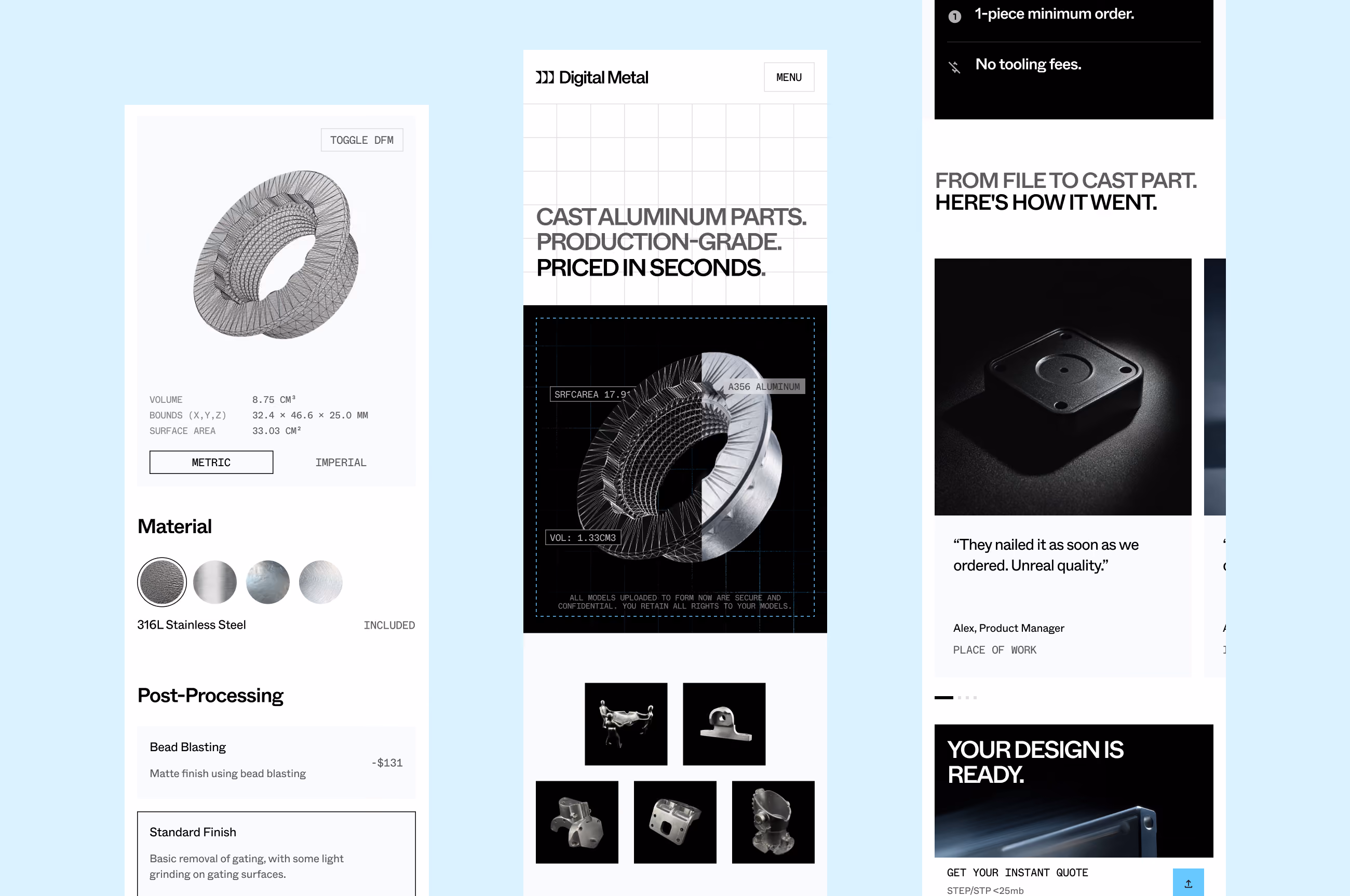 Three Digital Metal mobile screens showing cast aluminum parts priced in seconds, part galleries, and a quote flow.