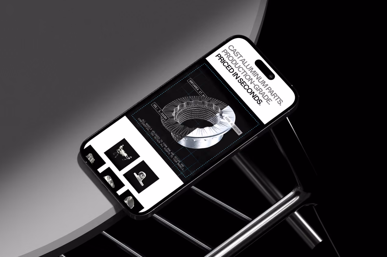 Phone mockup of the Digital Metal site headline Cast aluminum parts, production-grade, priced in seconds.