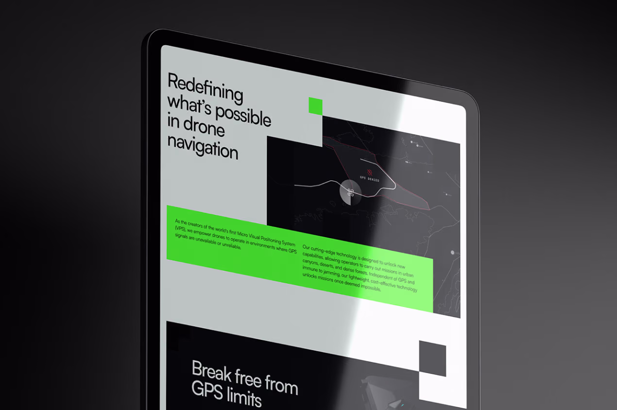 Theseus site on a tablet with the headlines 'Redefining what's possible in drone navigation' and 'Break free from GPS limits.'