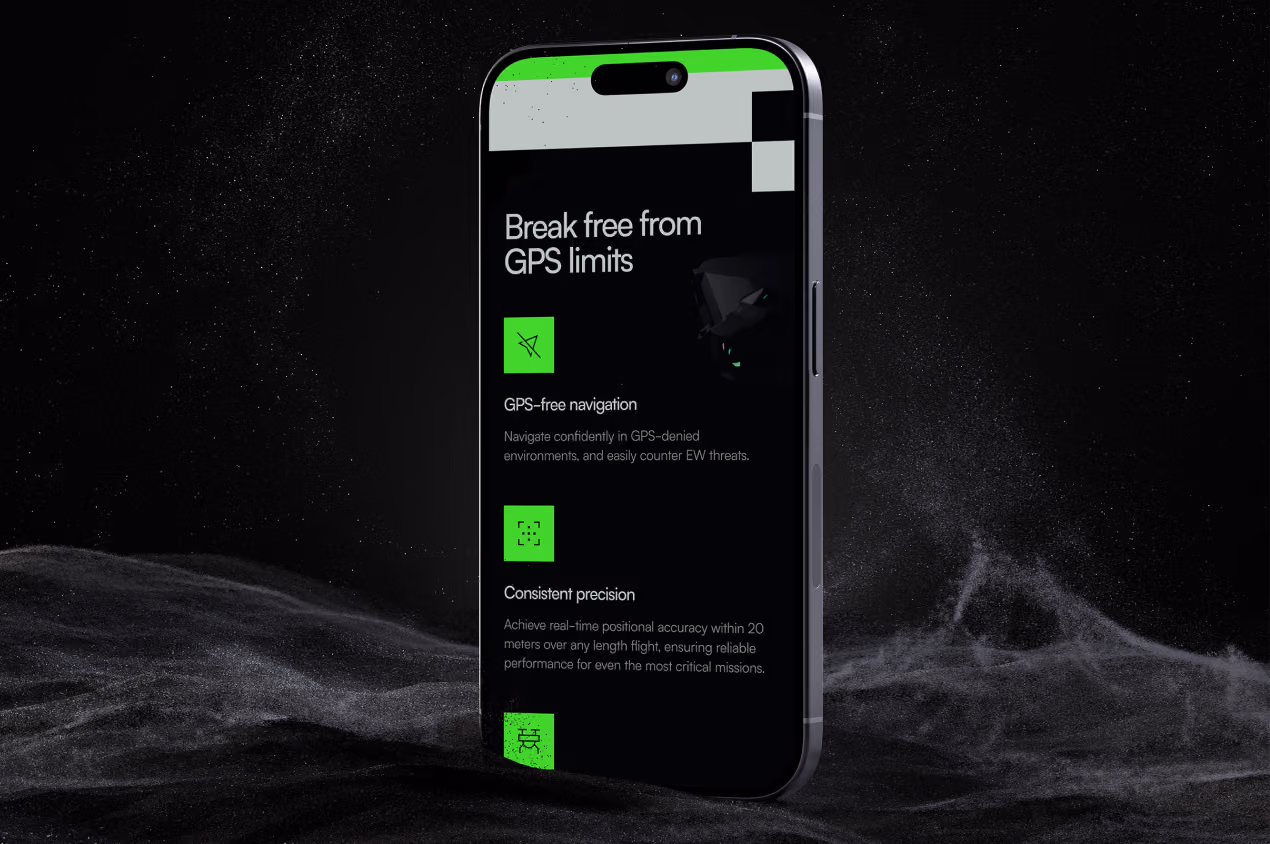 Theseus mobile site on a phone reading 'Break free from GPS limits' with green feature icons on black.