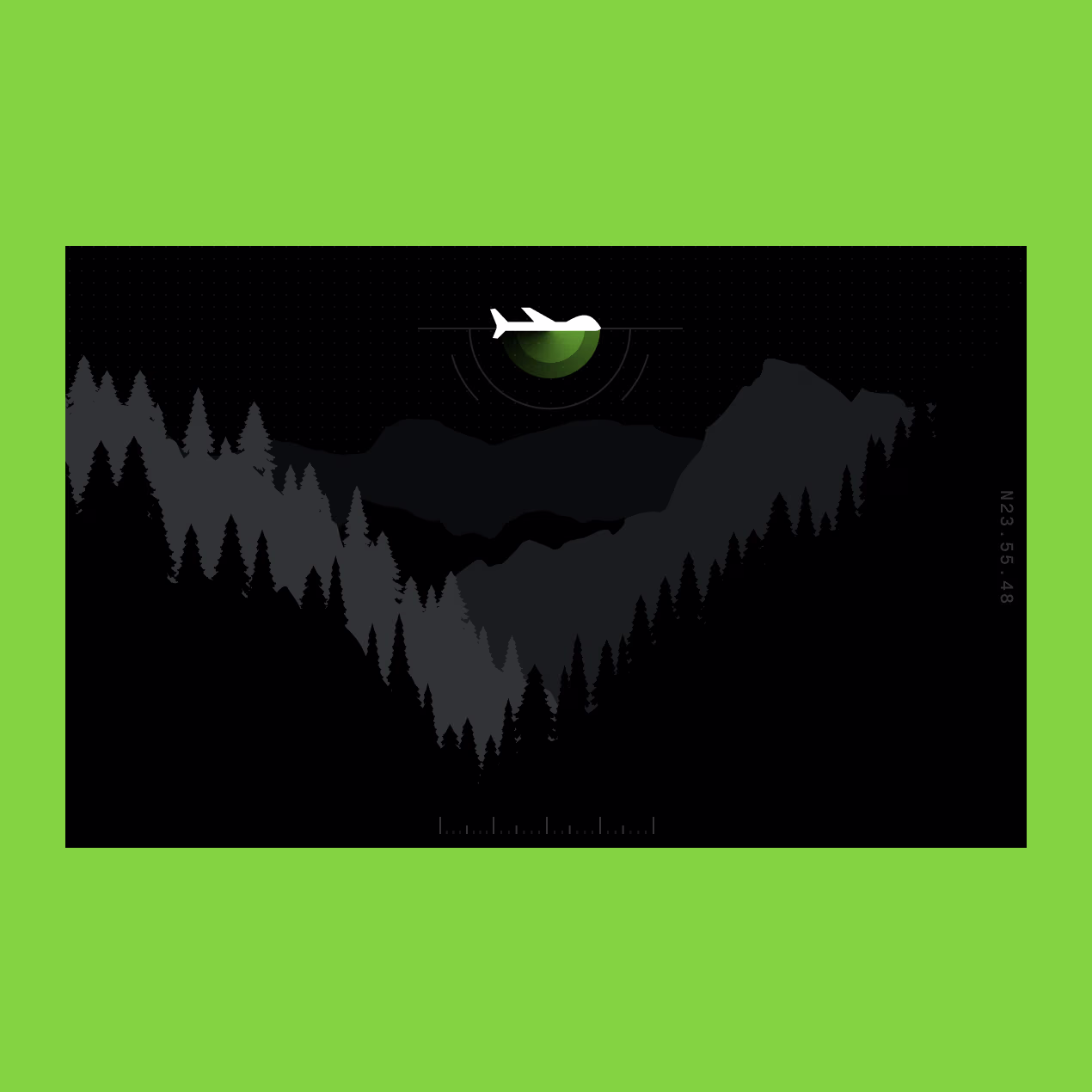 Theseus illustration of a drone flying over dark forested mountains with coordinates, framed in lime green.