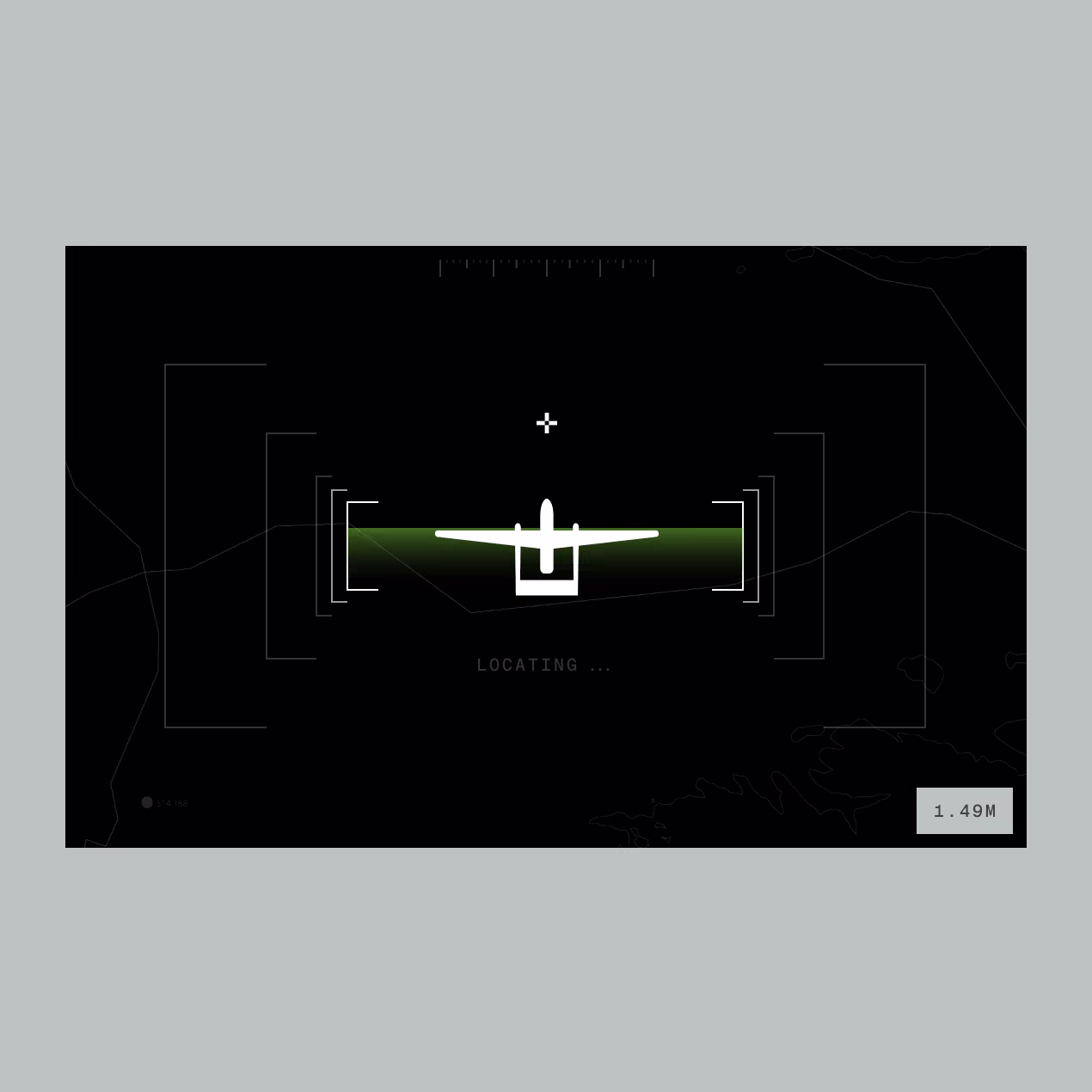 Theseus targeting-style interface with an aircraft silhouette in crosshair brackets and a 'Locating...' label.