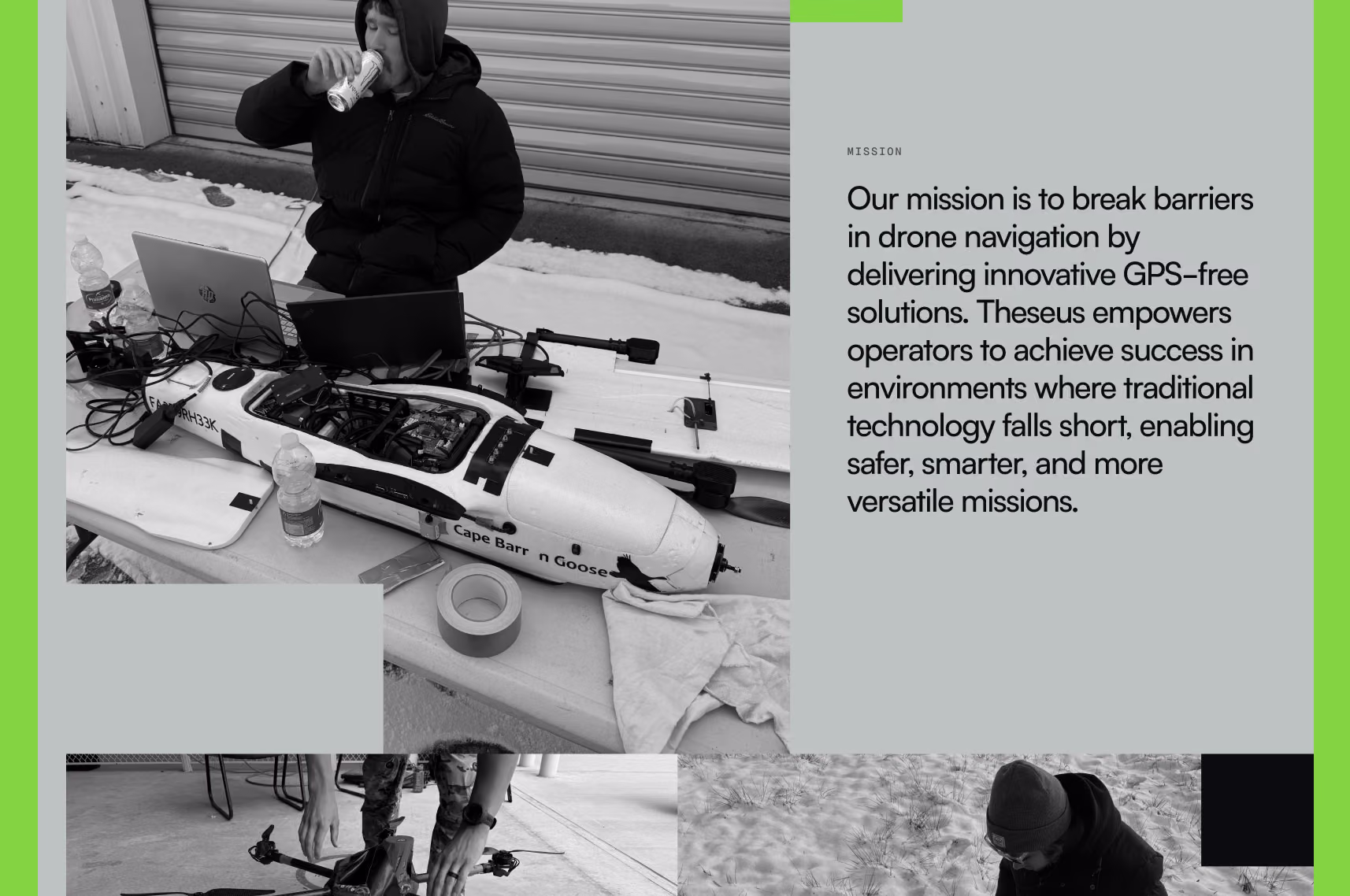 Theseus mission page pairing black-and-white field photos of drone testing with text about GPS-free navigation.