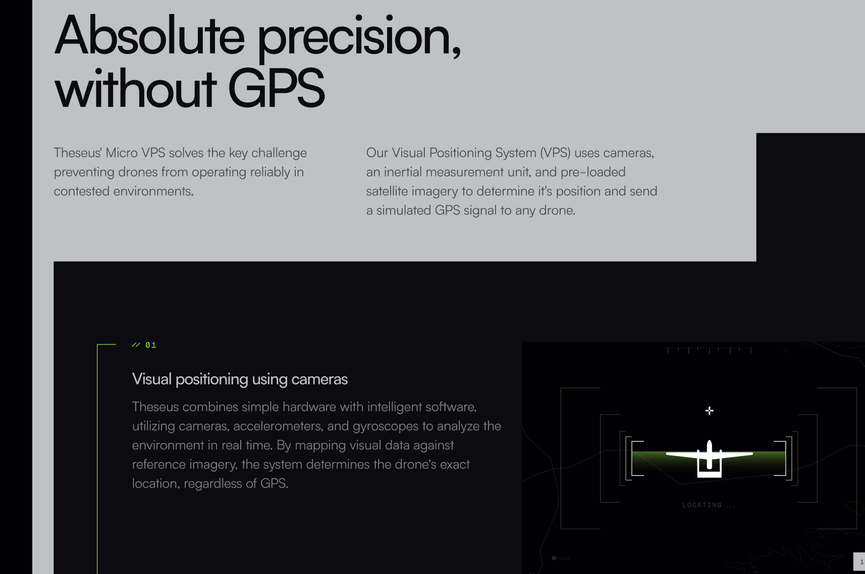 Theseus webpage headlined 'Absolute precision, without GPS' describing camera-based visual positioning for drones.