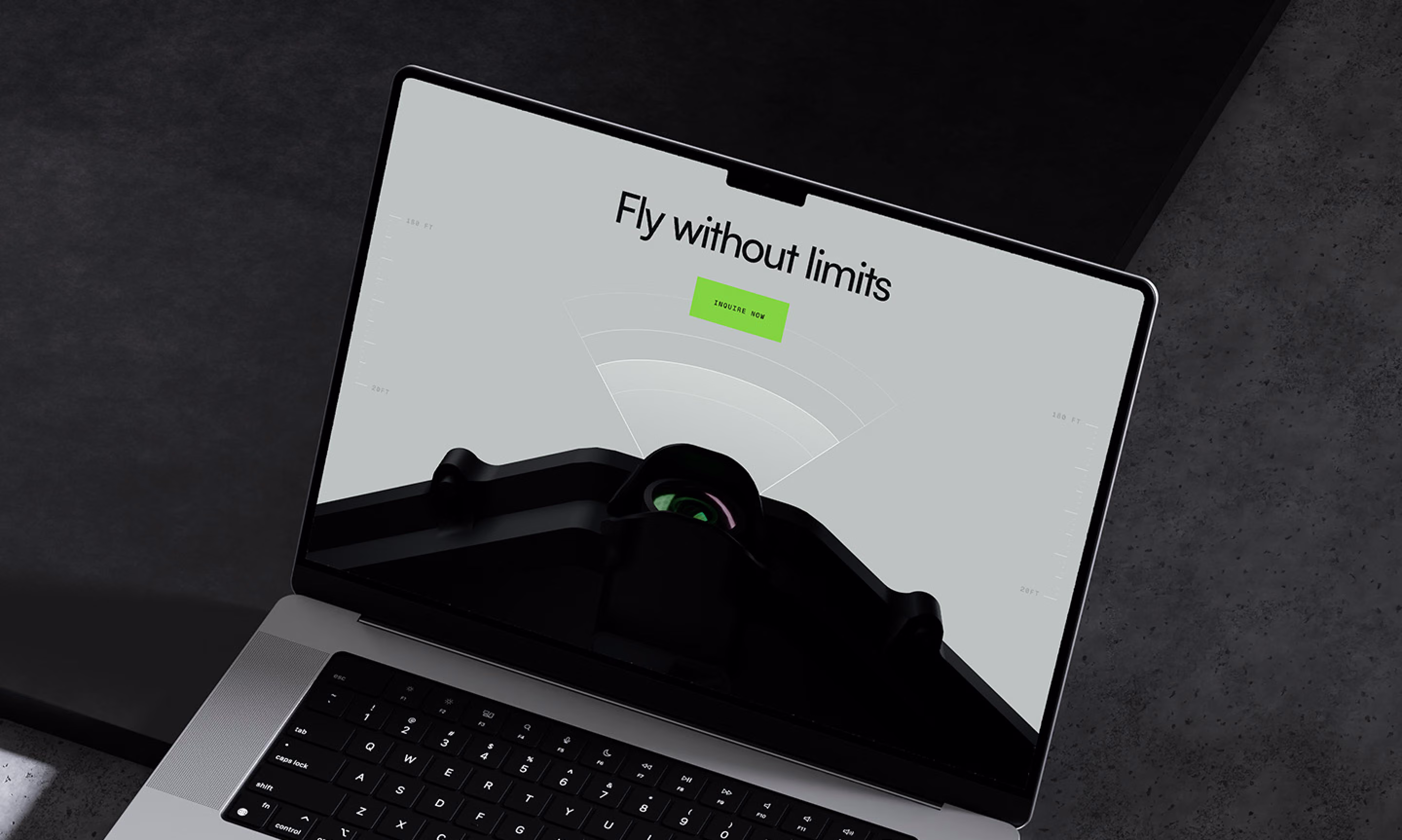 Laptop showing Theseus's Fly without limits page with a drone hardware render and green Inquire now button.