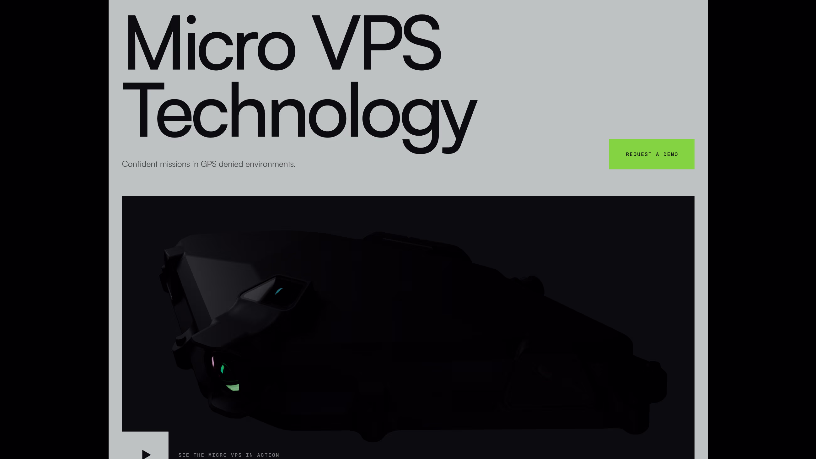 Theseus Micro VPS Technology page promising confident missions in GPS-denied environments, with dark drone hardware.