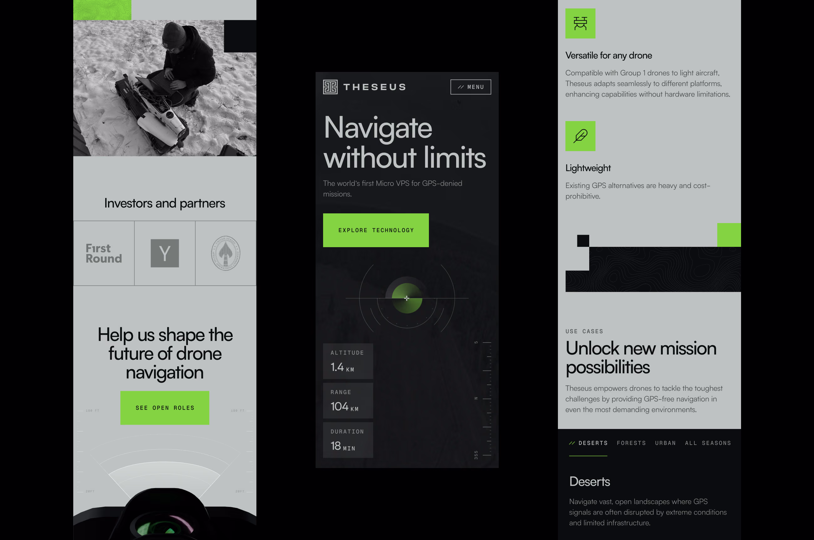 Three Theseus mobile screens showing a 'Navigate without limits' hero, investor logos, and drone use cases.