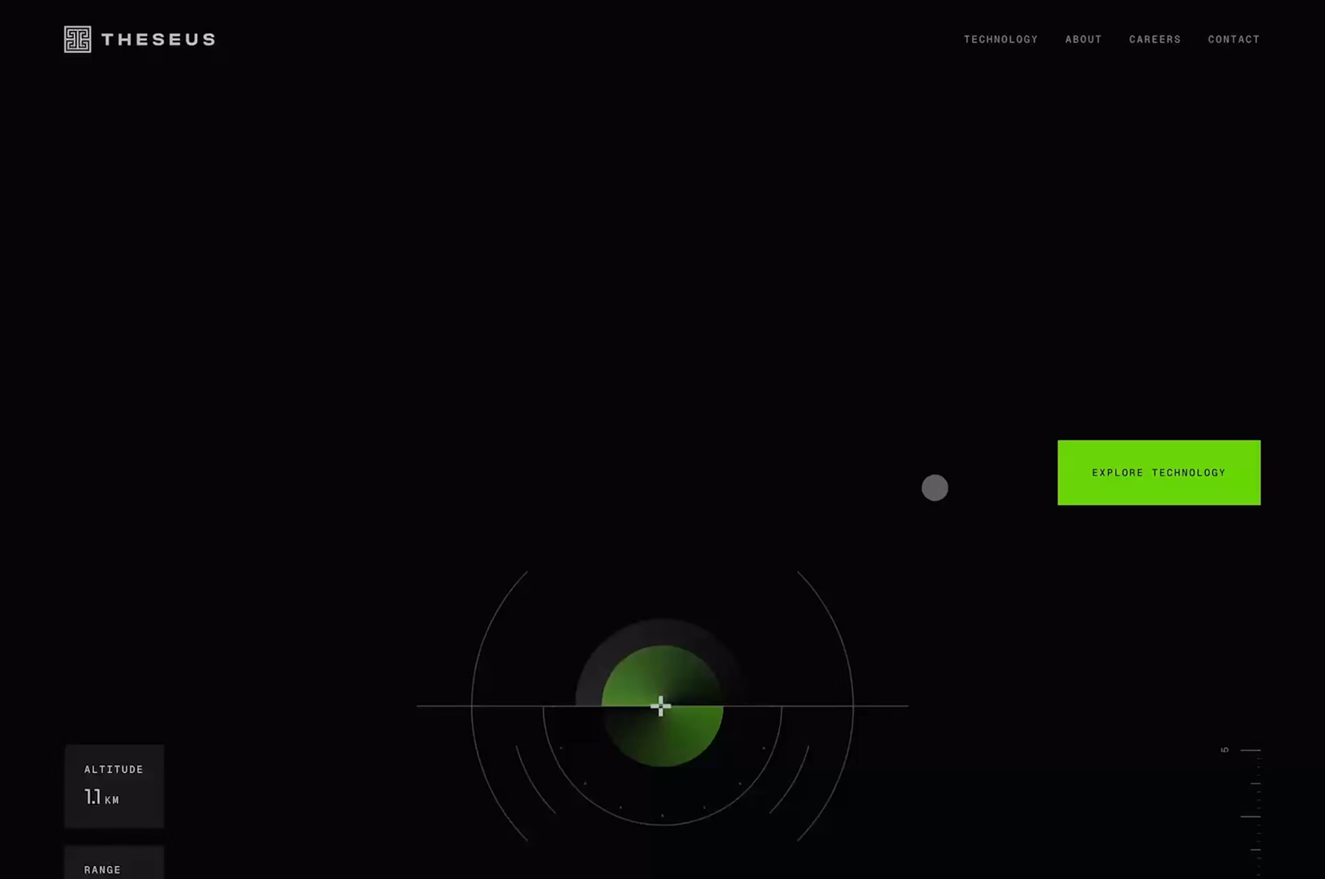 Theseus homepage with a dark radar-style interface, altitude readout, and lime Explore Technology button.