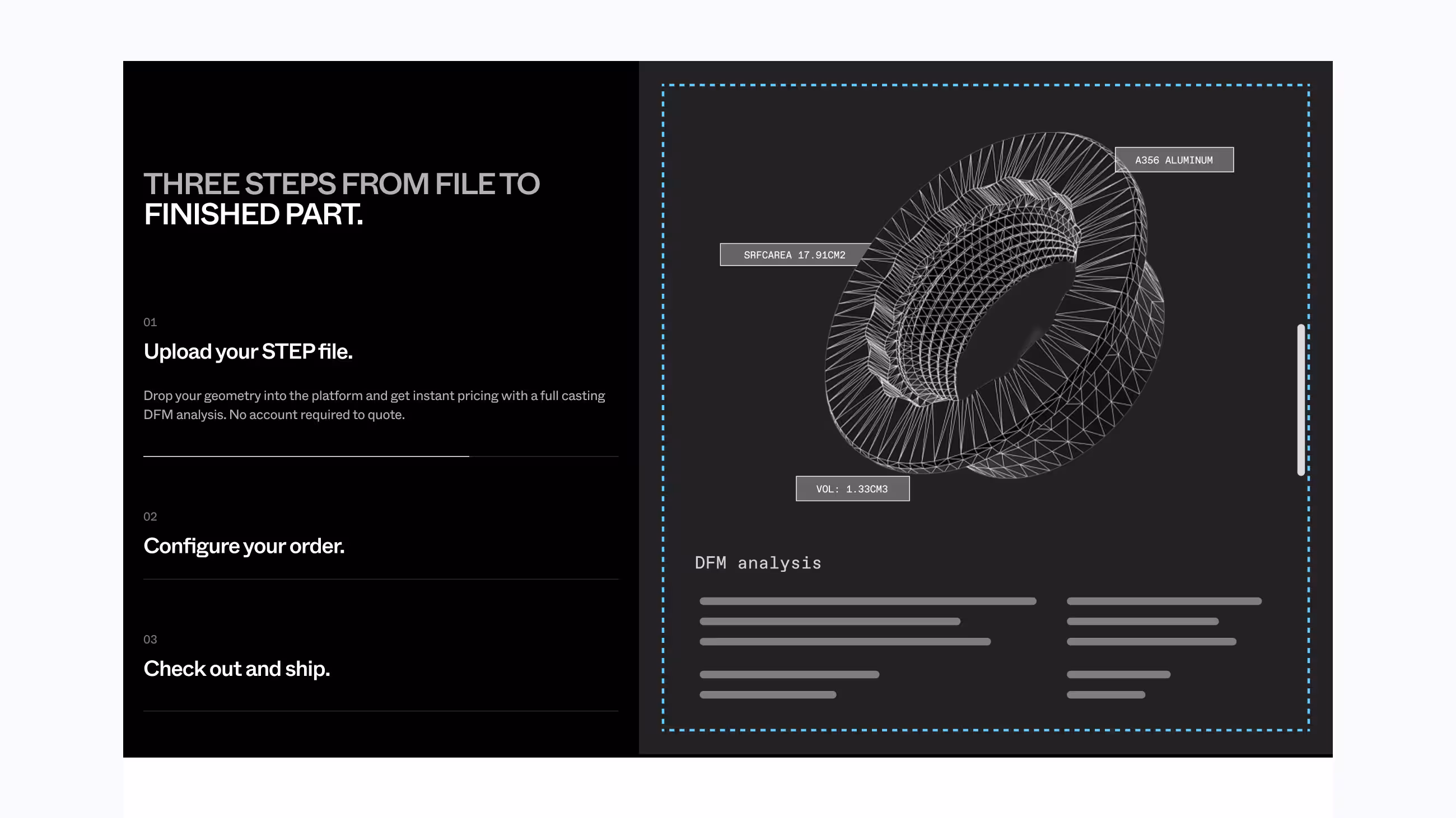 Digital Metal page outlining three steps from file to finished part beside a wireframe 3D casting with DFM analysis.