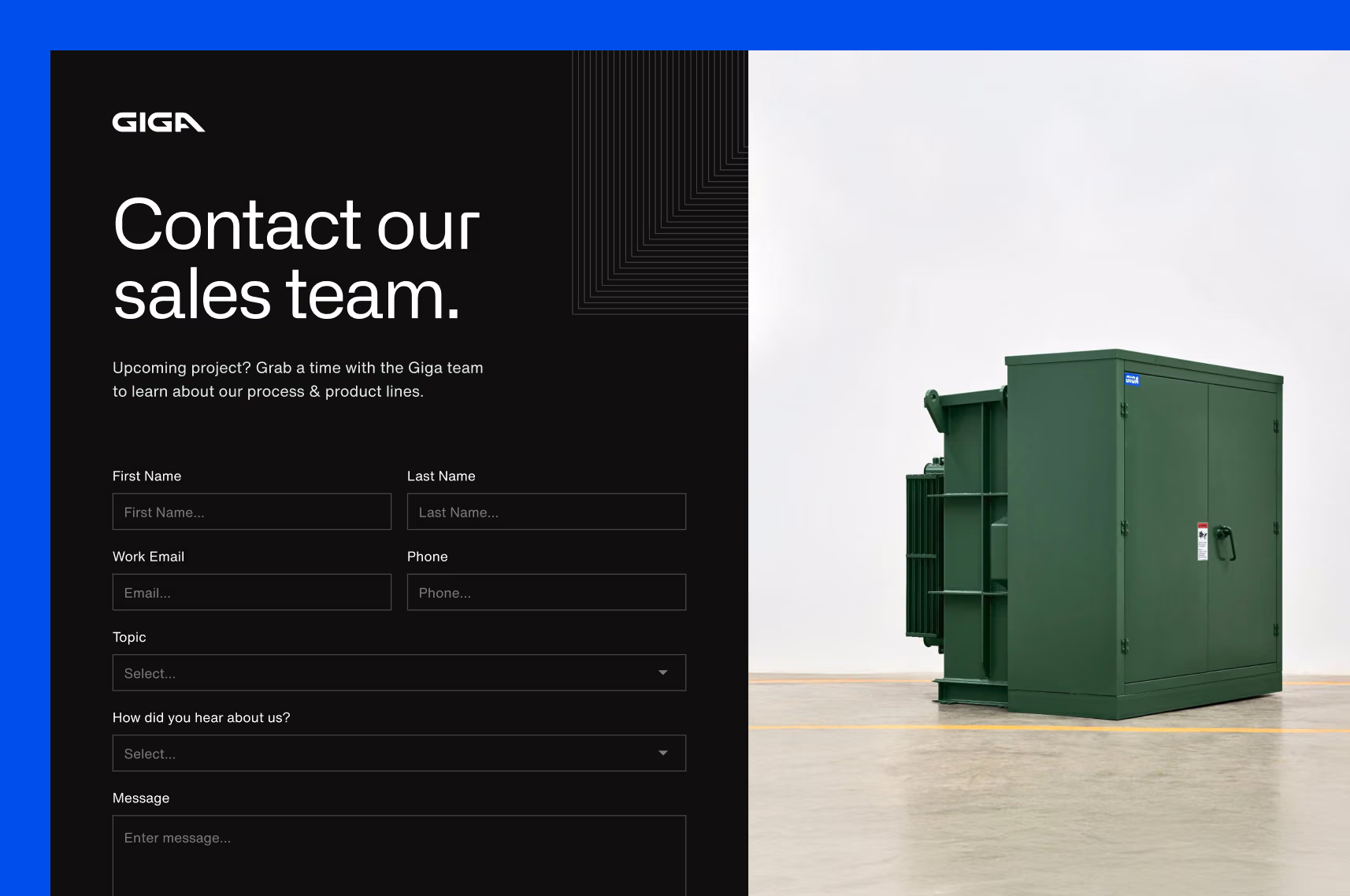 Giga contact page with a 'Contact our sales team' form beside a photo of a green transformer, framed in blue.