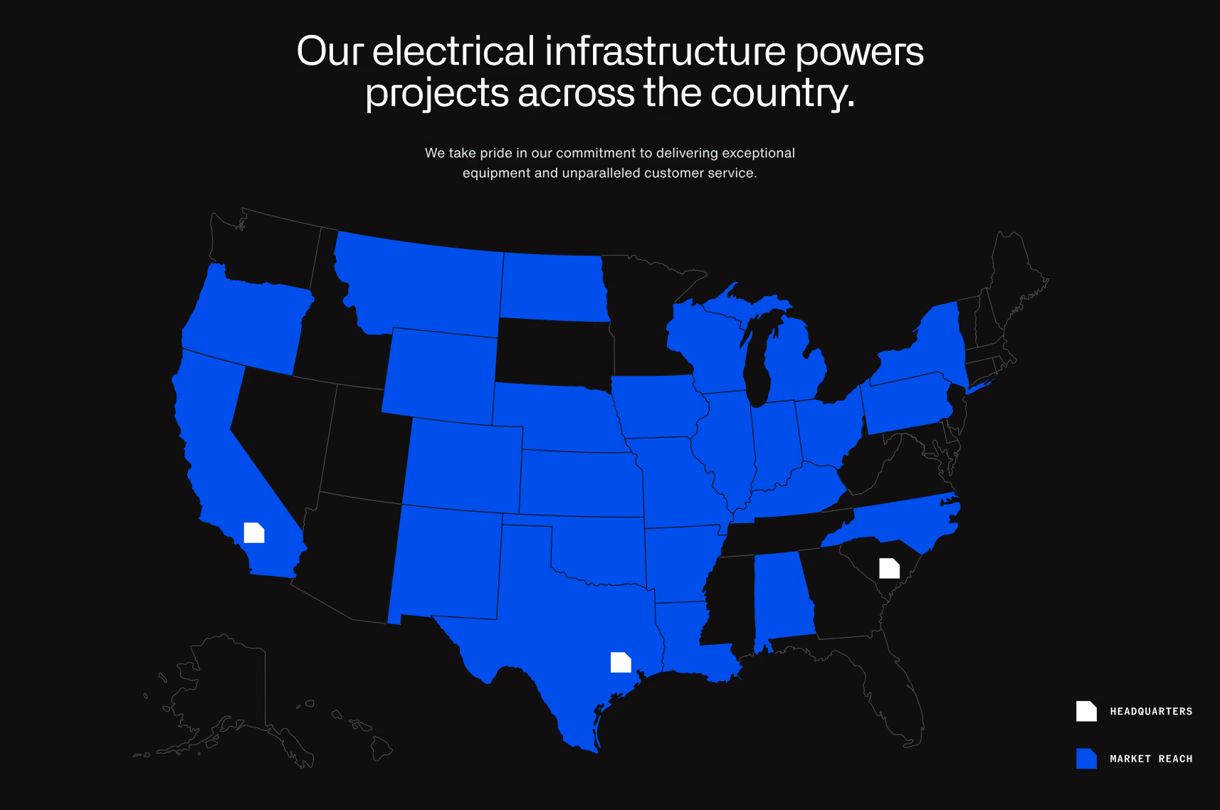 Giga Energy map of the U.S. highlighting market reach in blue with white markers for headquarters locations.
