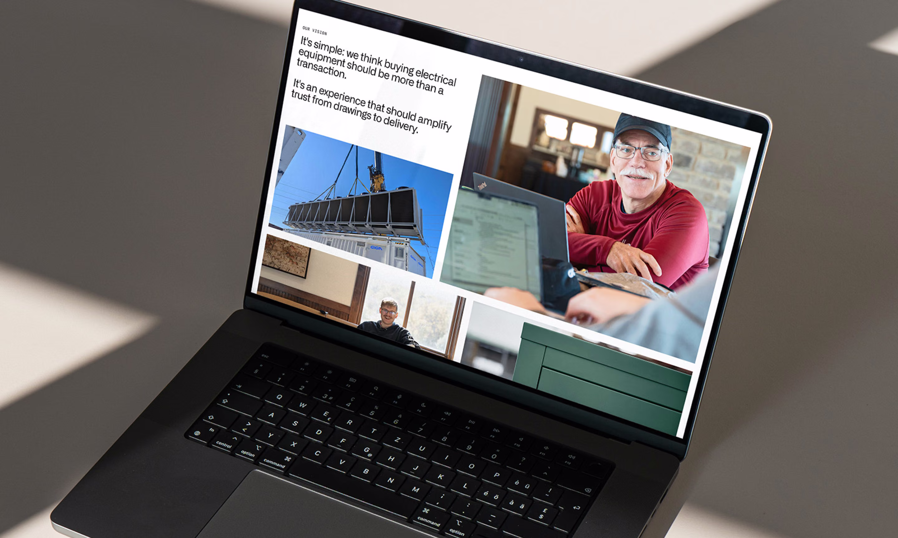 Laptop showing Giga's vision page: buying electrical equipment should be more than a transaction.