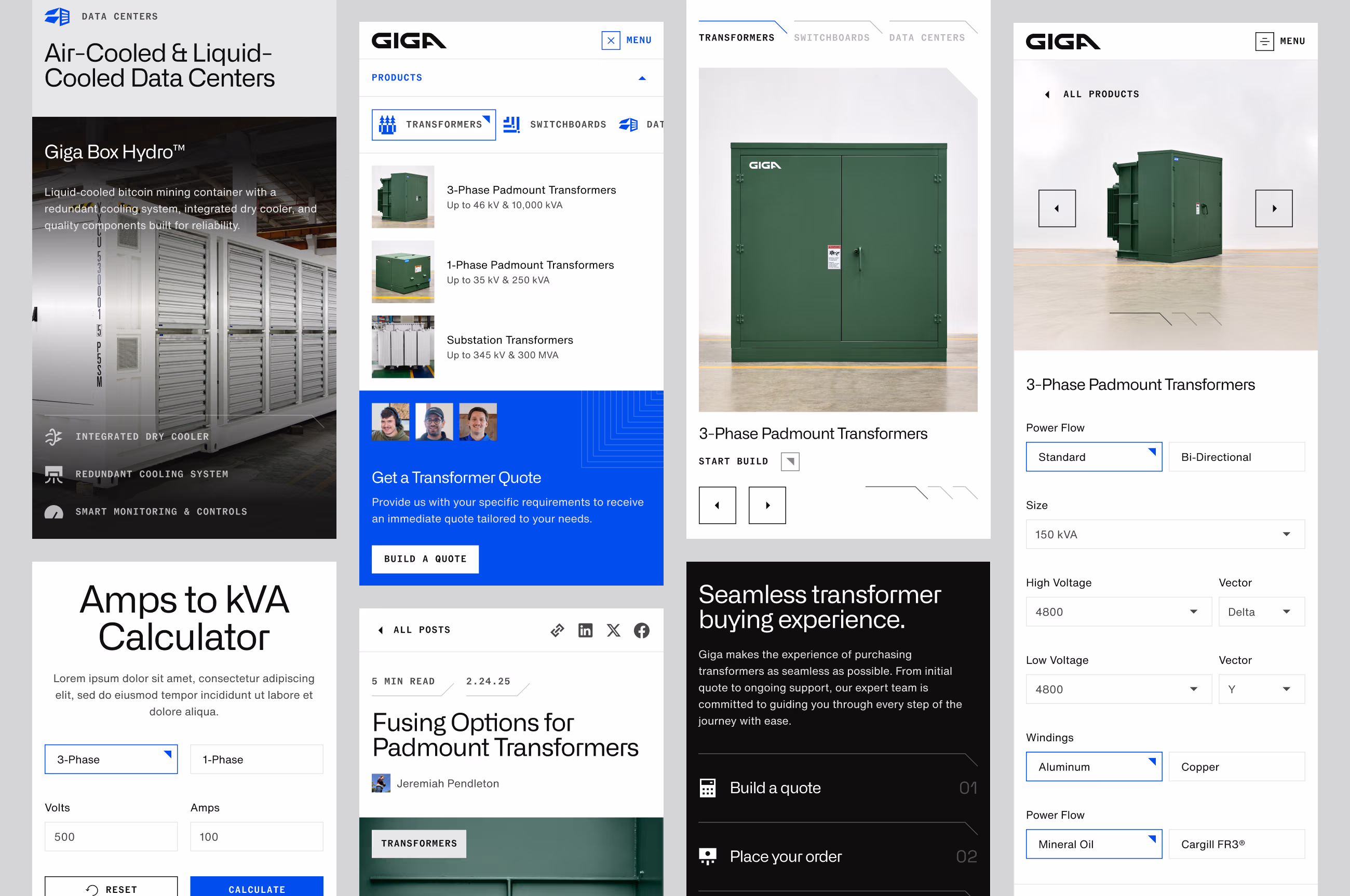 Collage of Giga Energy site screens showing transformer product pages, a quote builder, and an amps-to-kVA calculator.