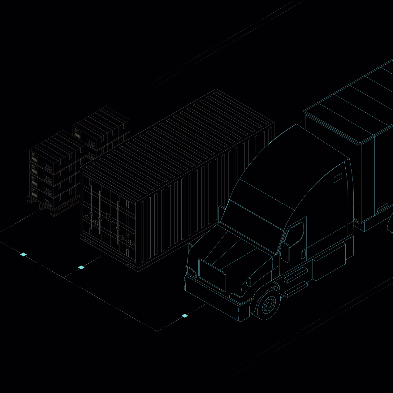 Teal wireframe illustration of a semi truck, shipping container, and palletized freight on a black background.