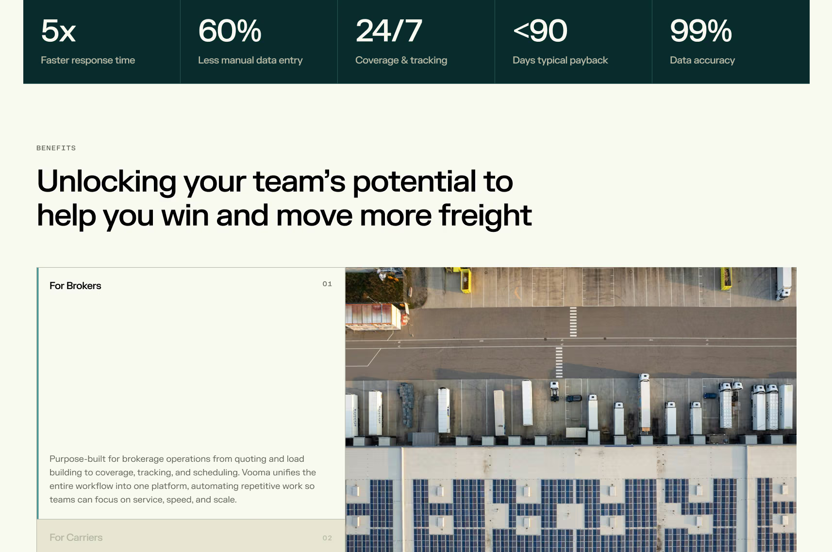 Vooma benefits page with stats like 5x faster response time and an aerial view of trucks at a warehouse dock.