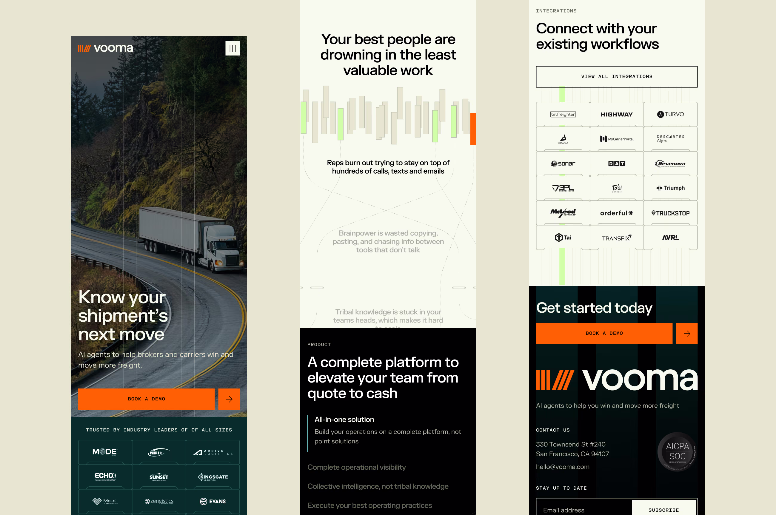 Three mobile views of the Vooma freight site showing the truck hero, platform overview, and integrations grid.