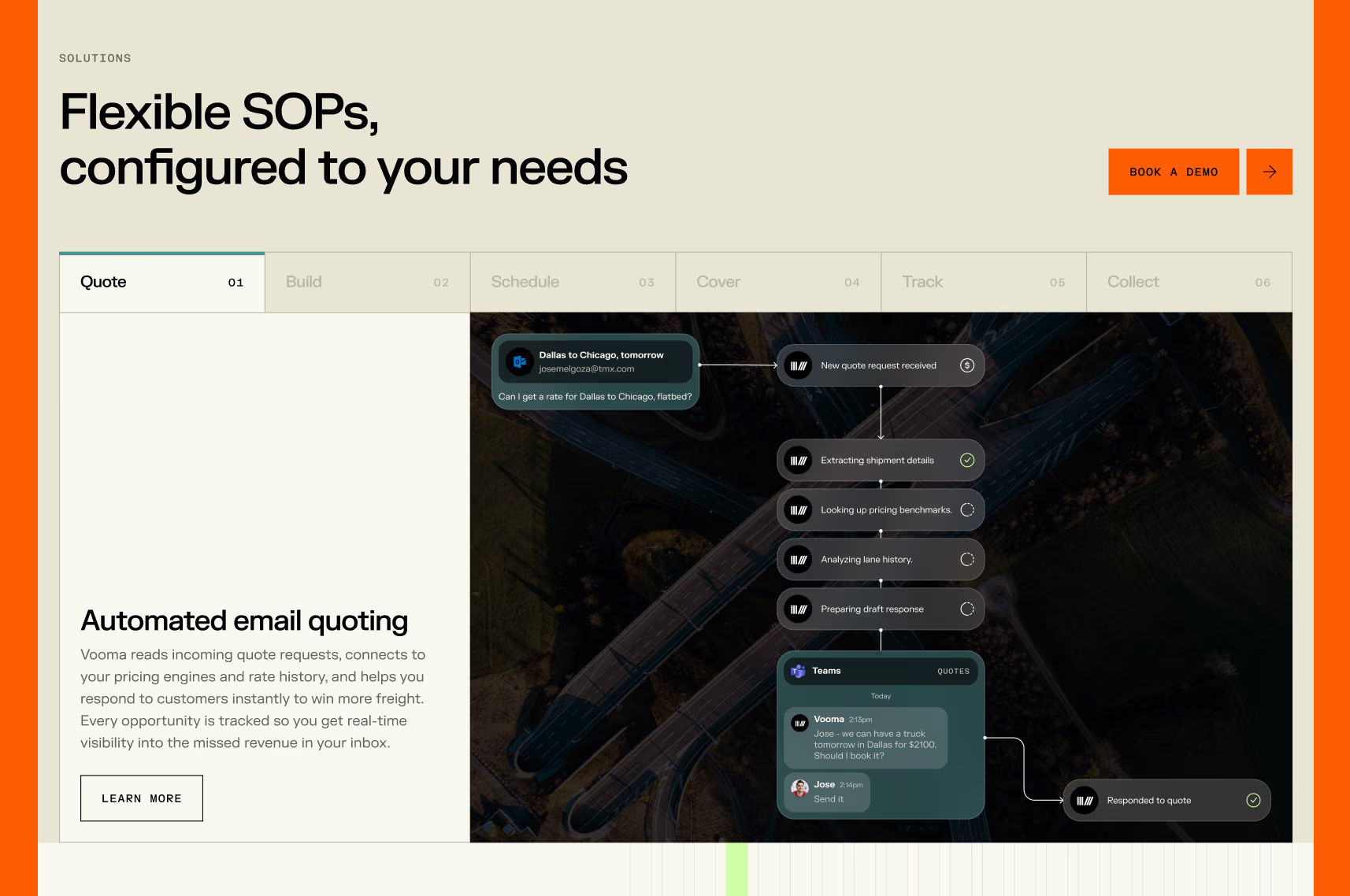 Vooma solutions page headlined 'Flexible SOPs, configured to your needs' with an automated email quoting workflow.