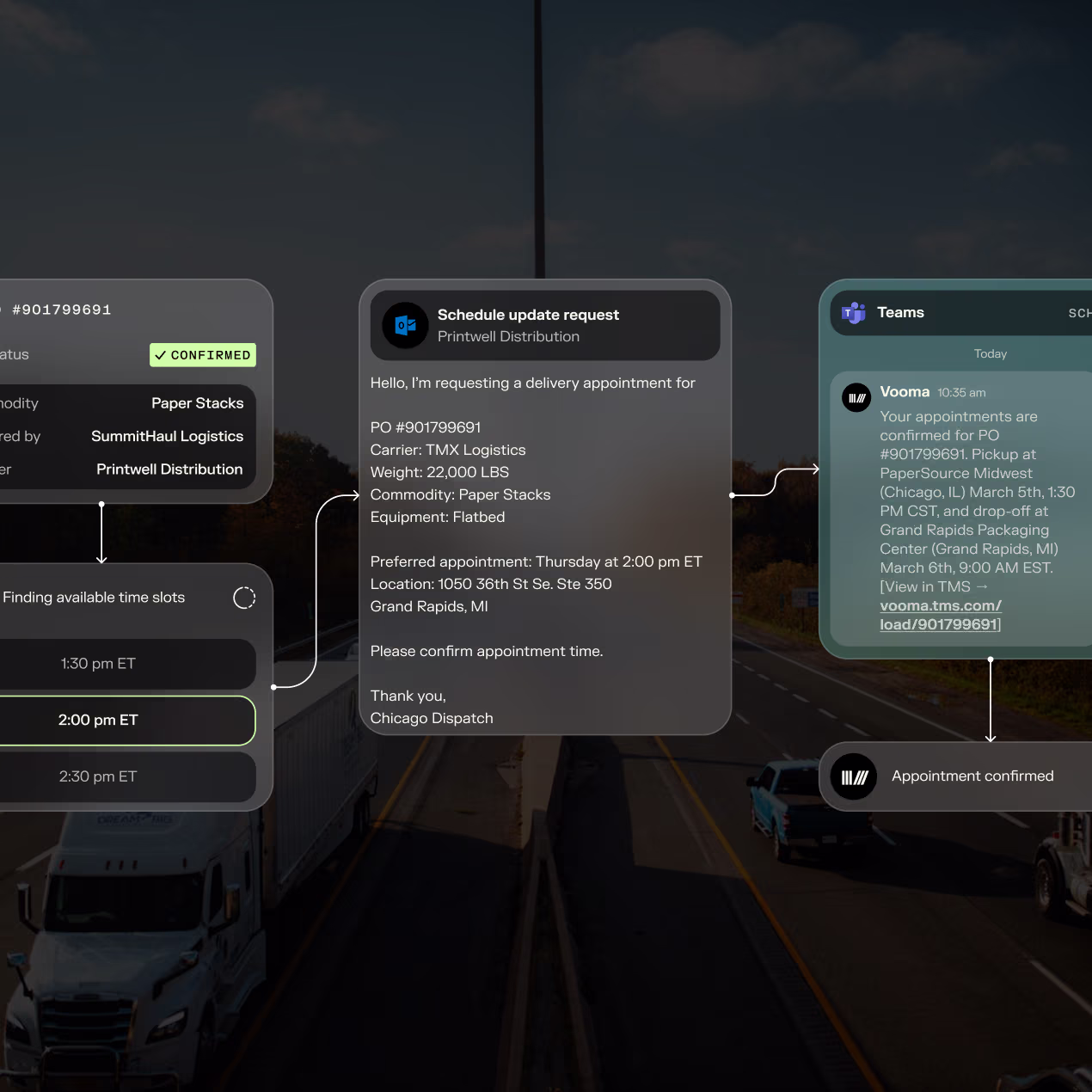 Vooma workflow showing a scheduling email and a Teams appointment confirmation layered over a highway of trucks.