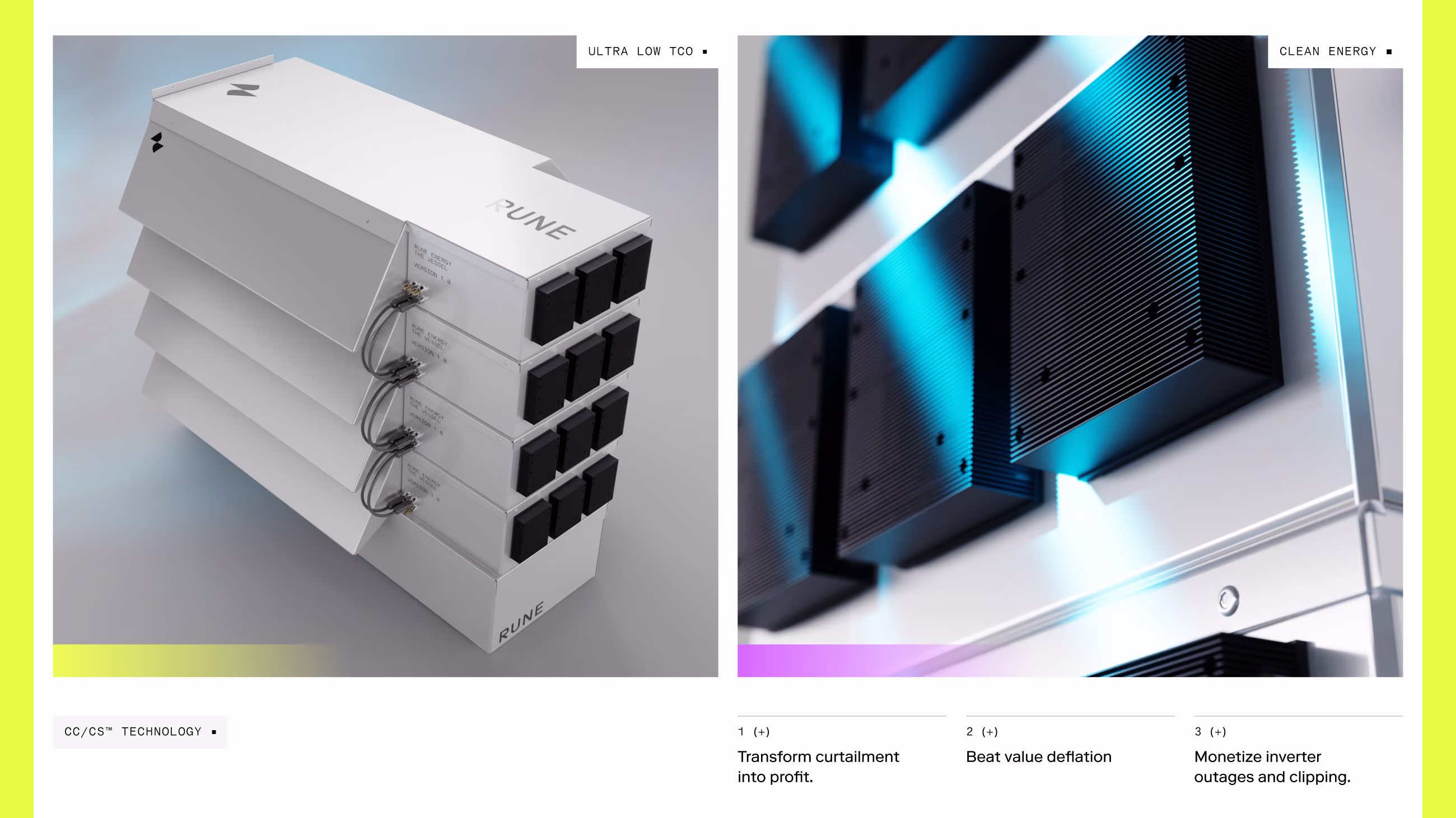Rune website section pairing stacked white RUNE compute units with a blue-lit heatsink close-up and clean energy benefits.