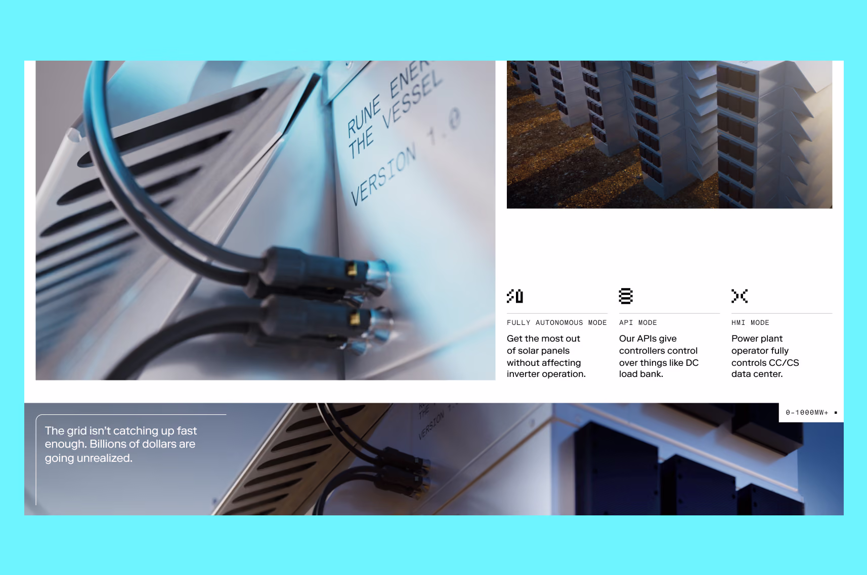 Rune Energy webpage sections on cyan with close-ups of Vessel 1.0 hardware and autonomous, API, and HMI control modes.