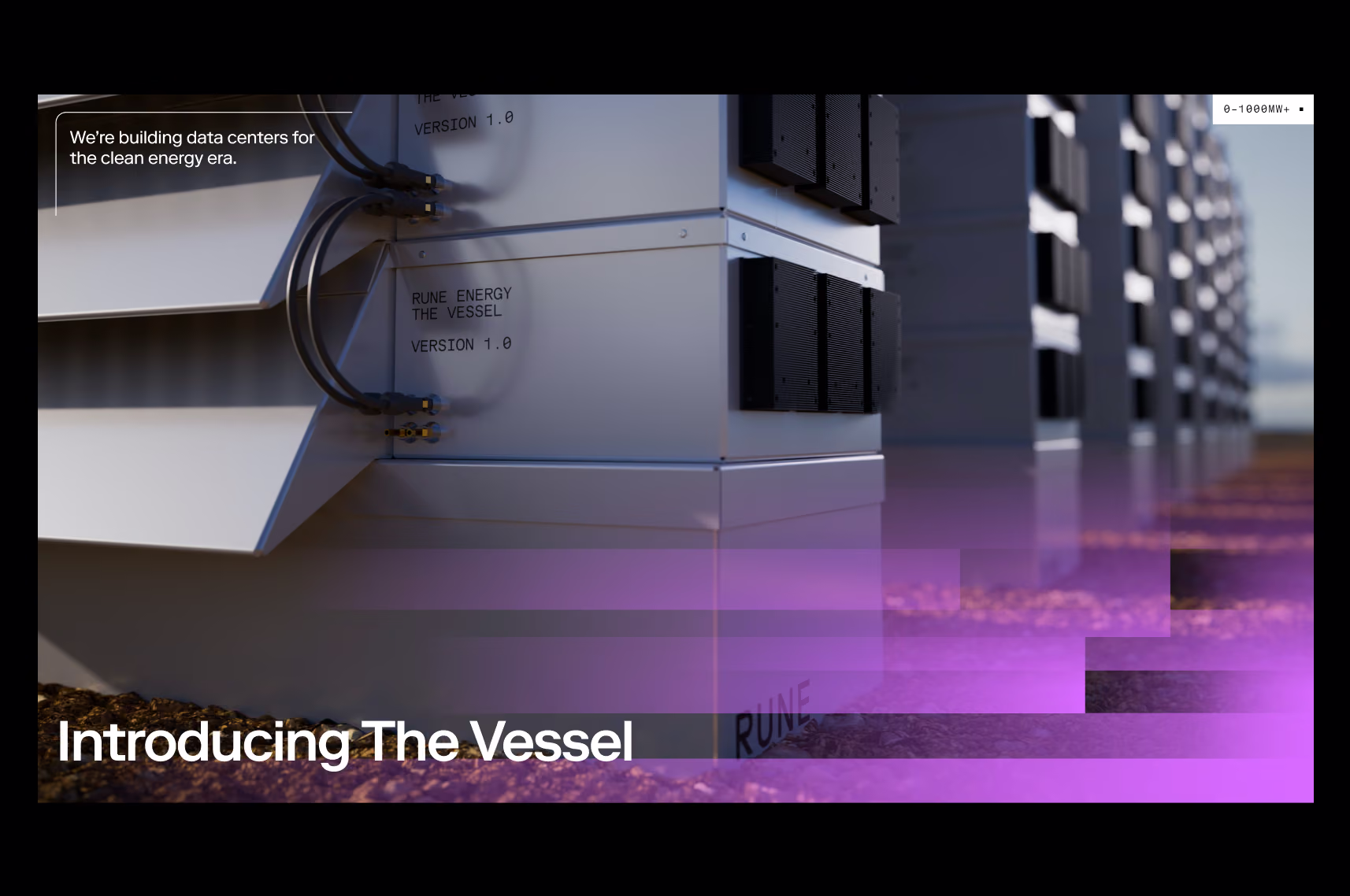 Rune website hero introducing The Vessel, with rendered rows of modular data center units and a purple pixel gradient.