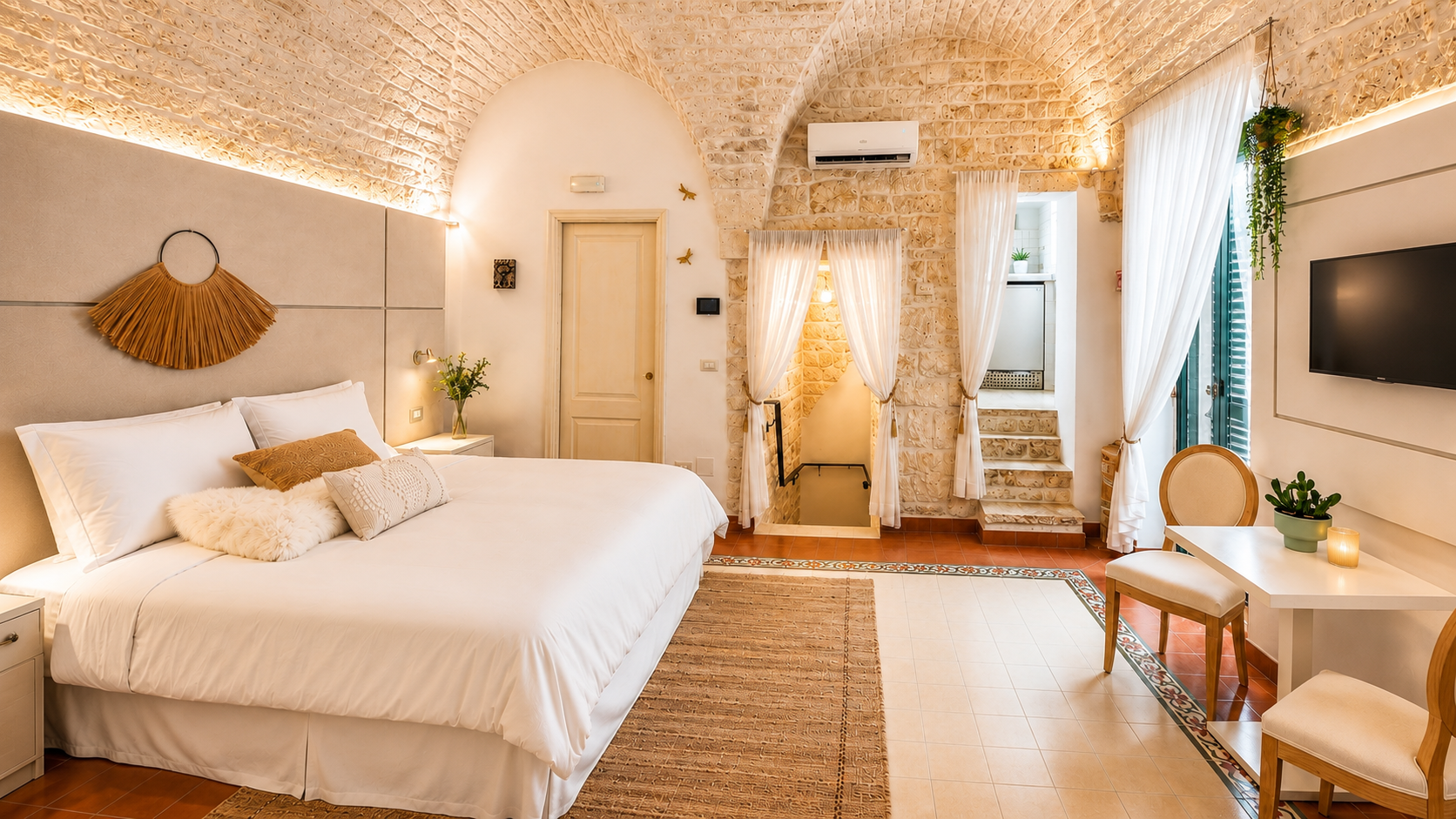 Boutique apartment interior with a vaulted limestone ceiling and double bed in Ceglie Messapica, Puglia.