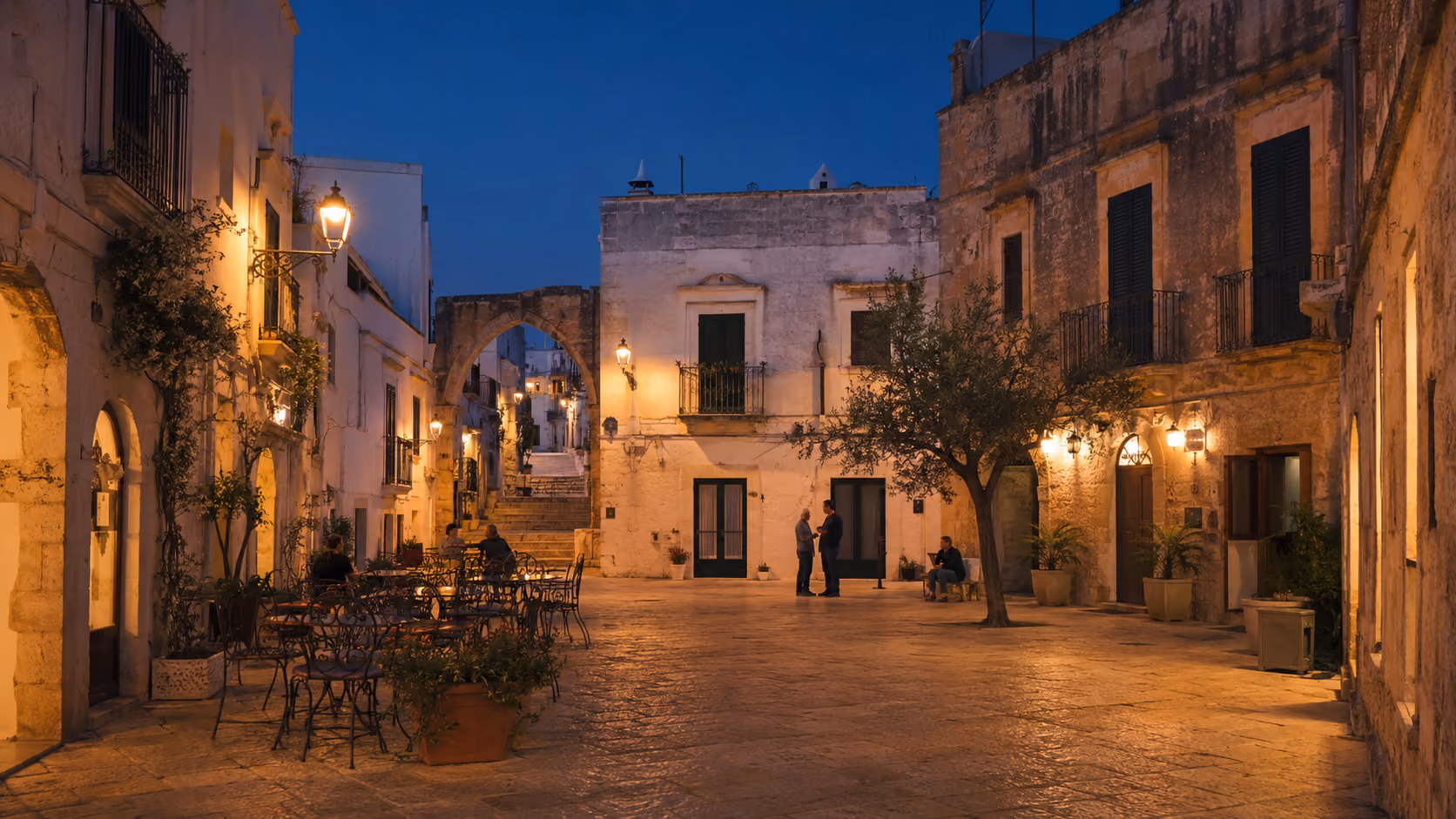 Quiet piazza in the historic centre of Ceglie Messapica during the evening