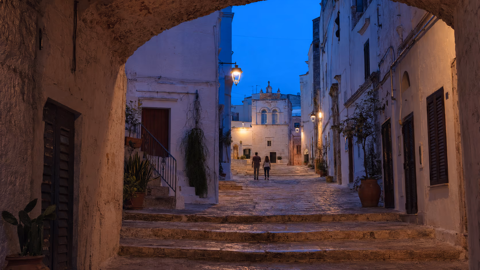 Historic centre of Ceglie Messapica illuminated during the blue hour