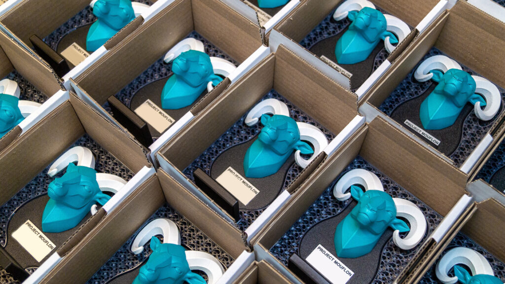 Mehrere Trophäen einzeln verpackt in einer custom Verpackung mit Einsatz zum sicheren Transport