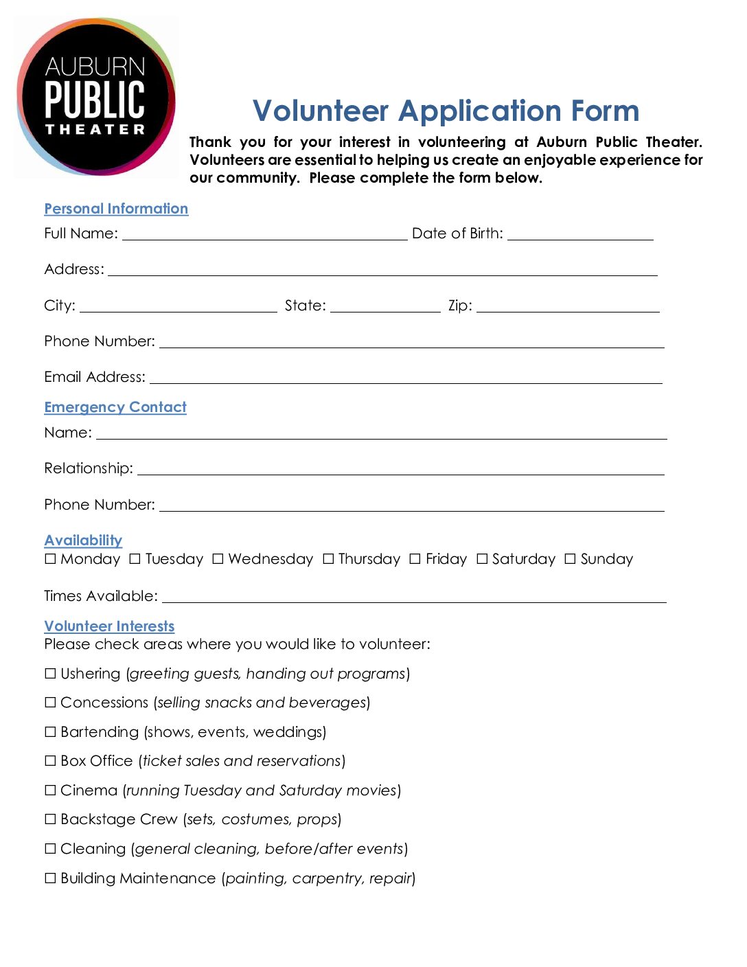 Auburn Public Theater Volunteer Application Form