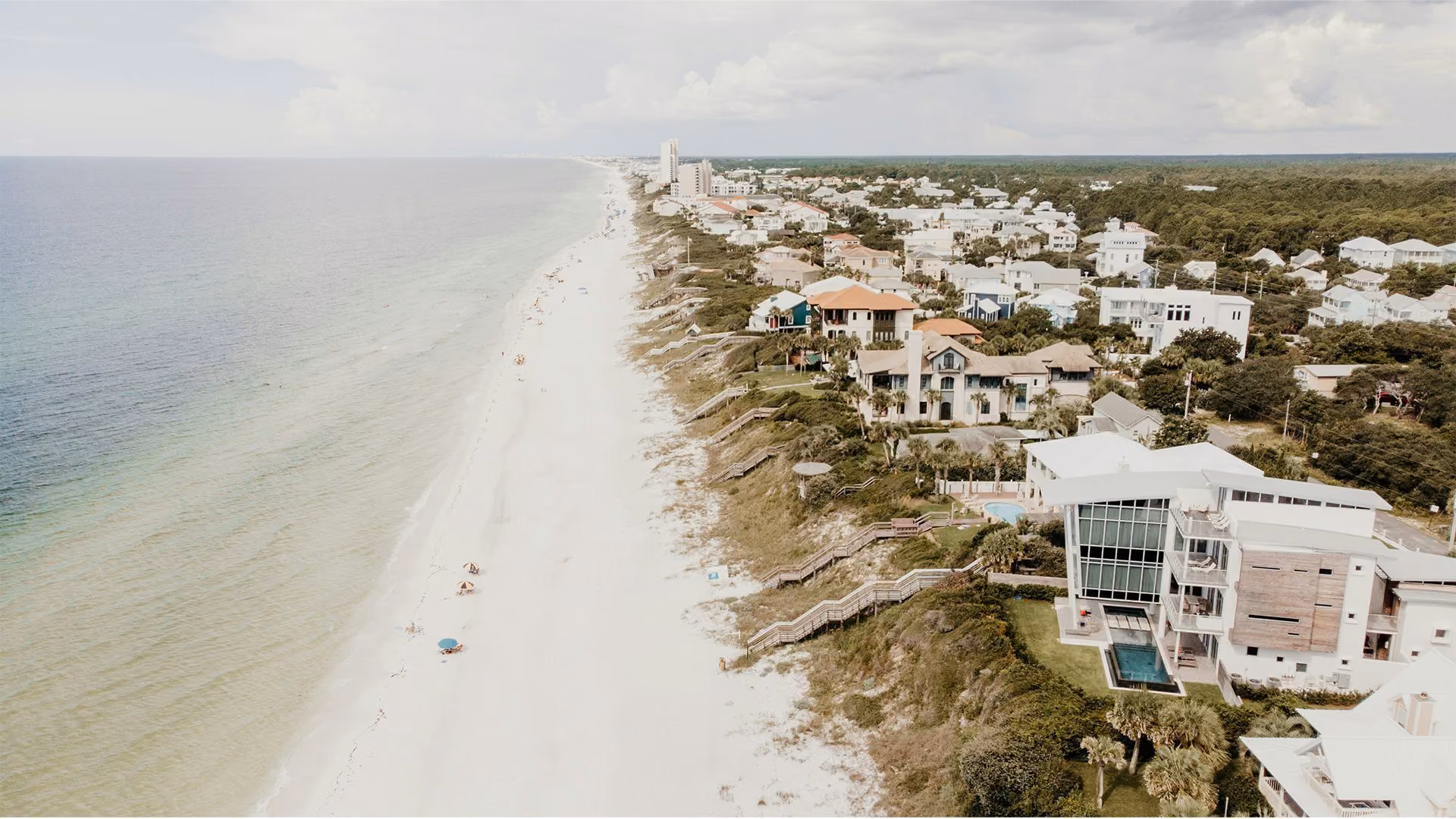 Aerial view of a Florida beach lined with coastal homes