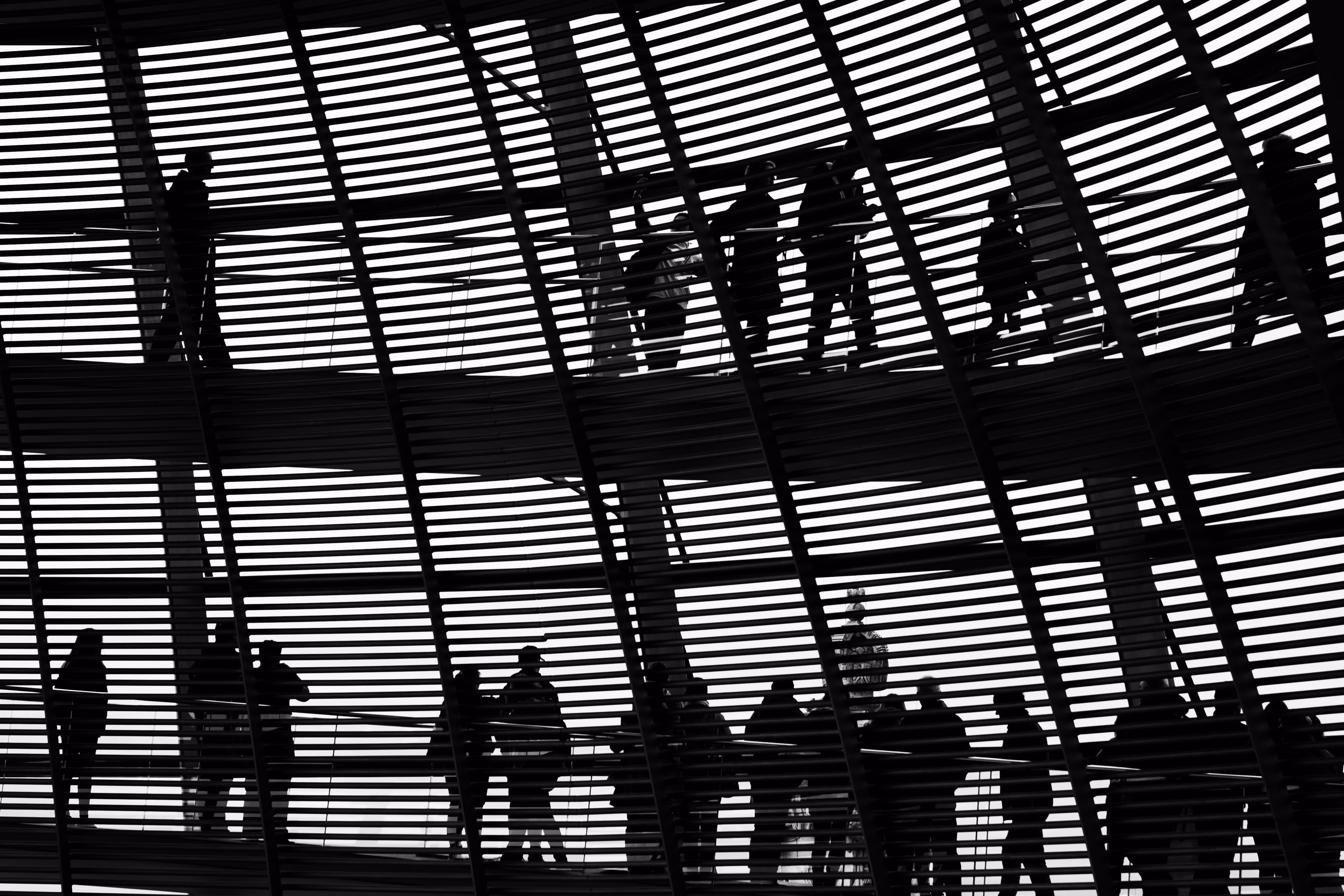 Silhouettes of people walking along a curved glass and steel walkway