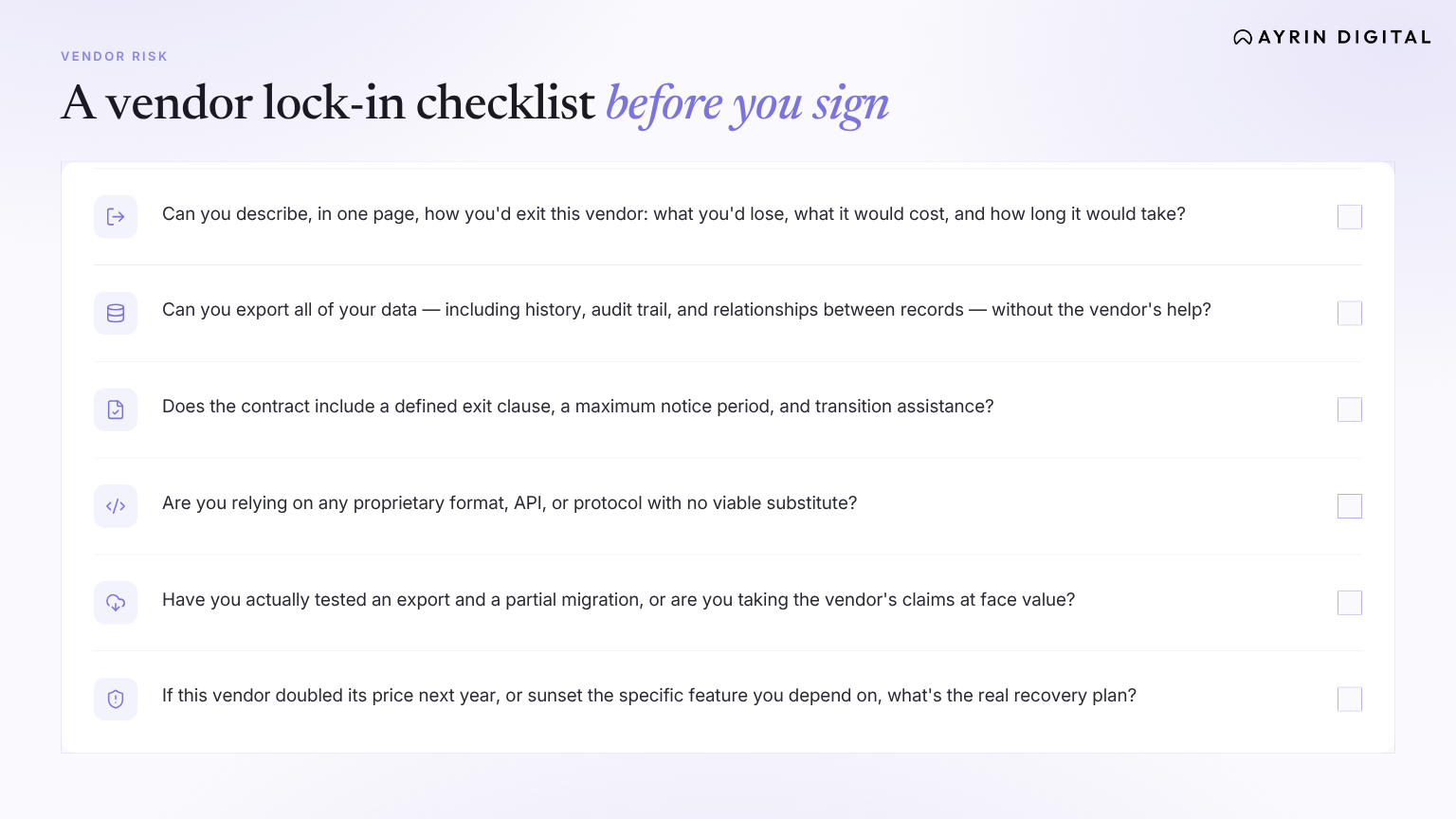 A checklist of questions to avoid vendor lock-in by Ayrin igital