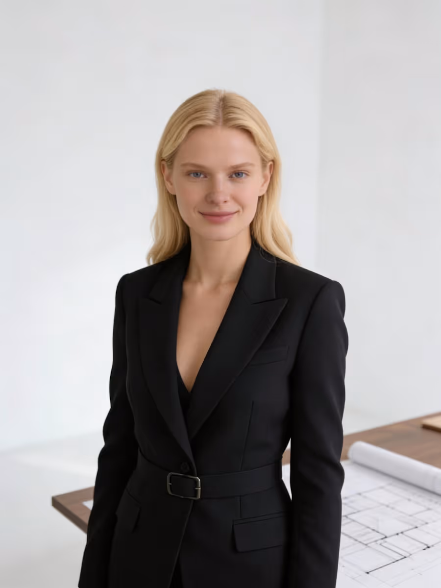Smiling blonde woman in a black blazer standing in front of a table with architectural blueprints.
