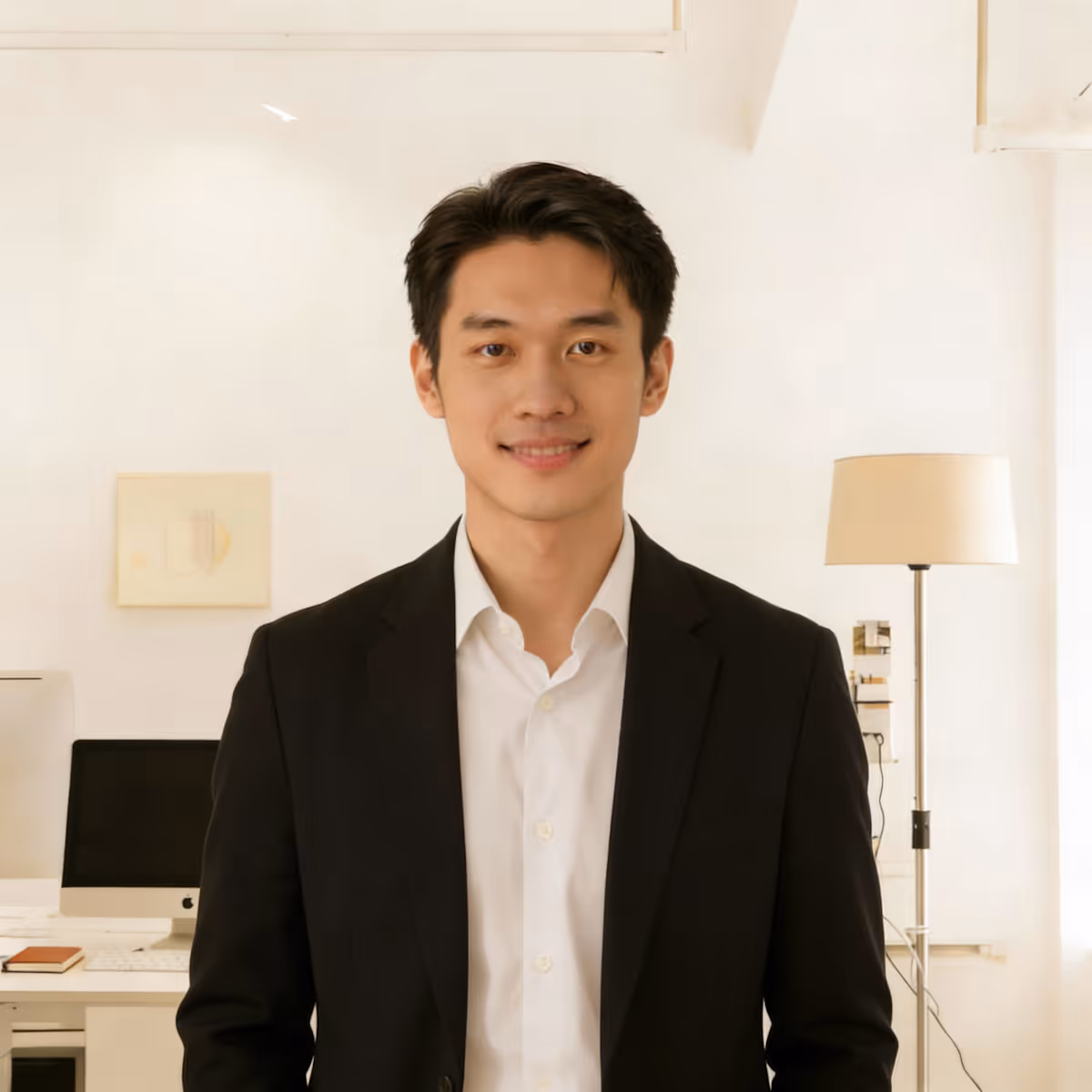 Young man wearing a black suit jacket and white shirt, standing in a bright office with computer and lamp in the background.