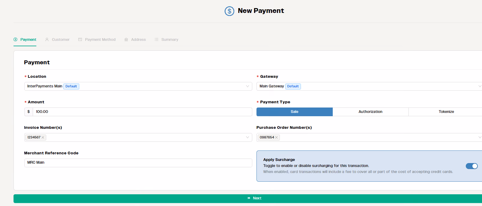 PayLink virtual terminal New Payment screen with an Apply Surcharge toggle