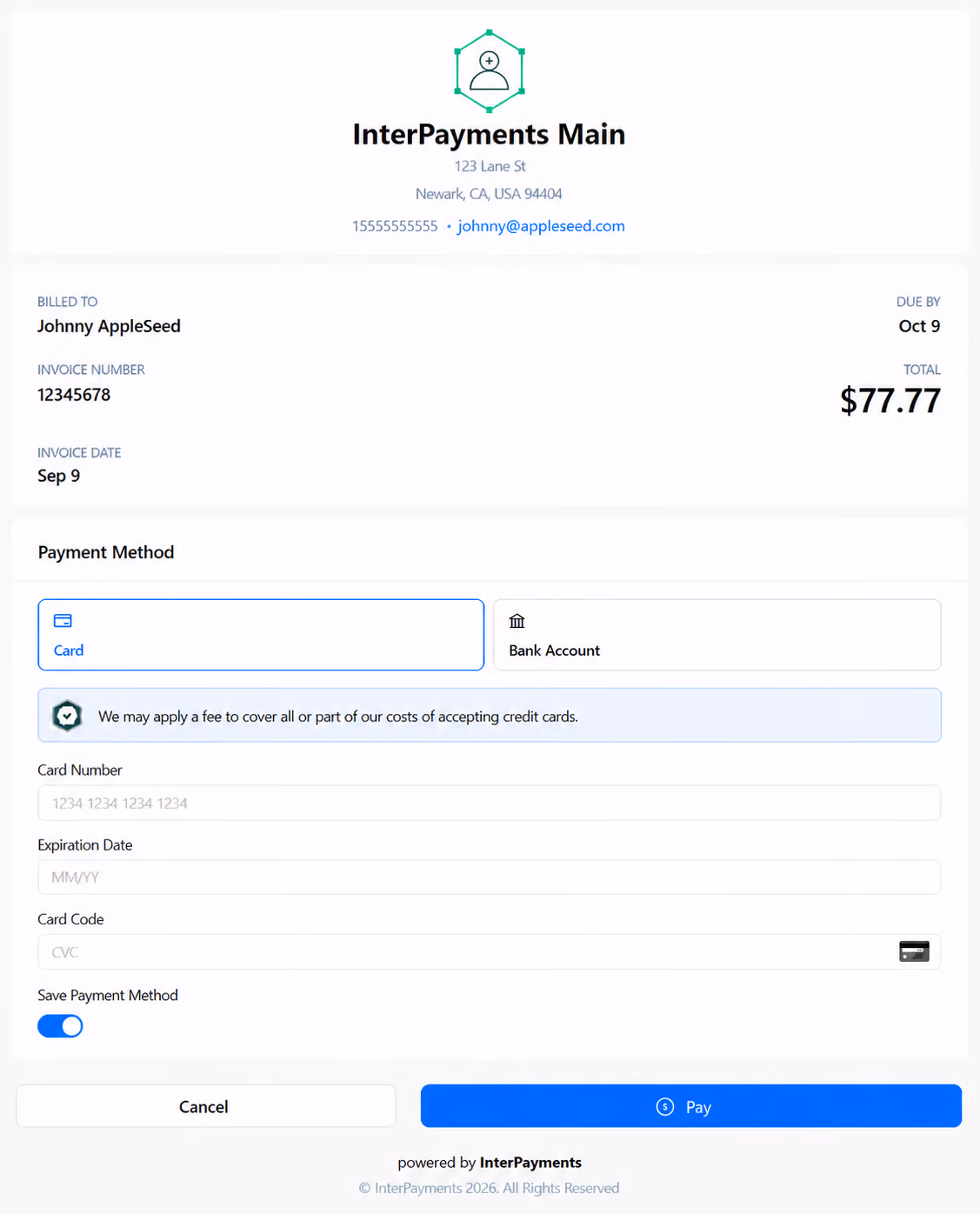 PayLink hosted payment page showing an invoice amount and card payment fields